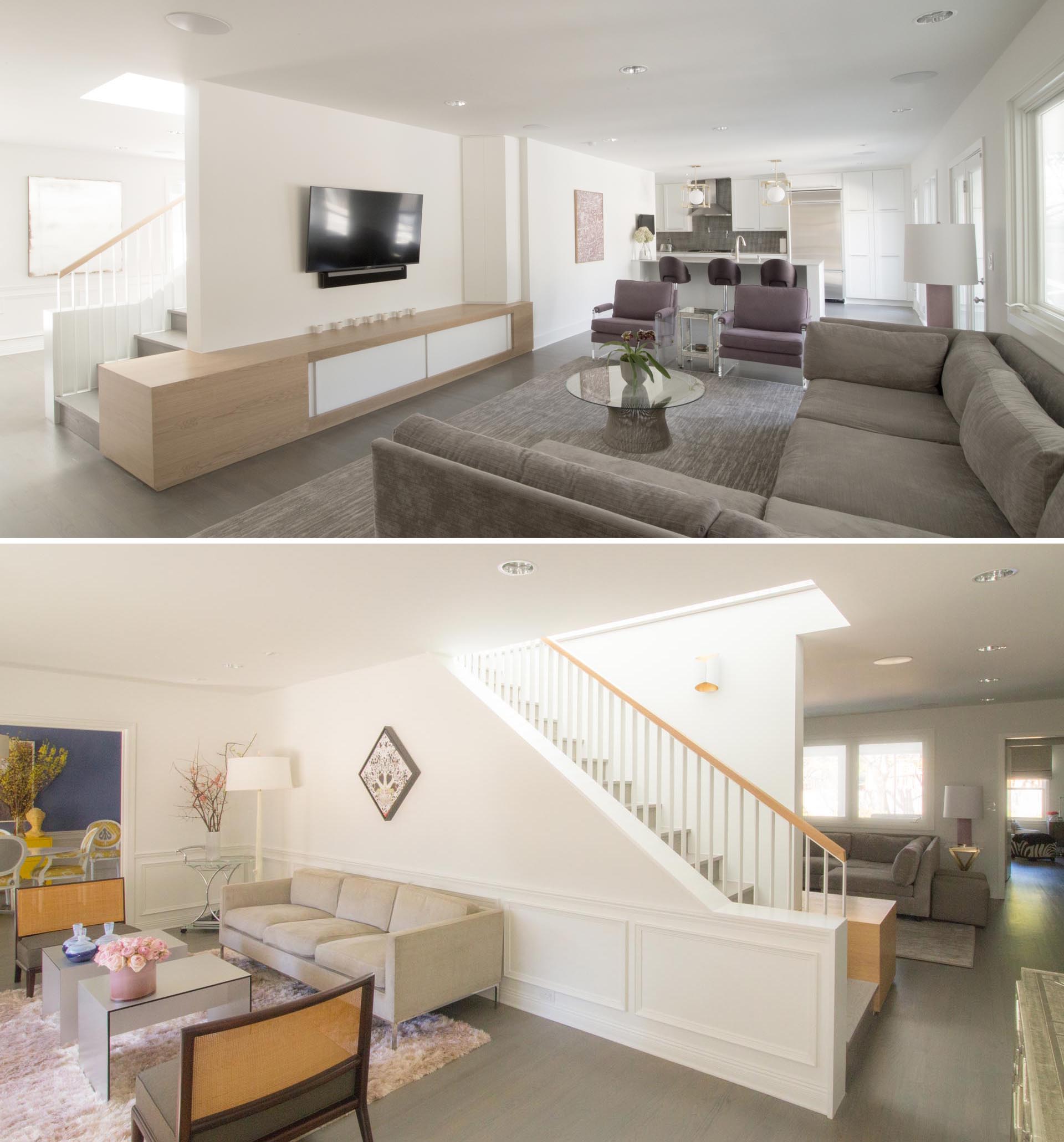 The stairs separate the two living areas of this home, with the modern family room sharing the open plan with the kitchen. The other side of the stairs is home to the more formal living room that connects with the dining room.