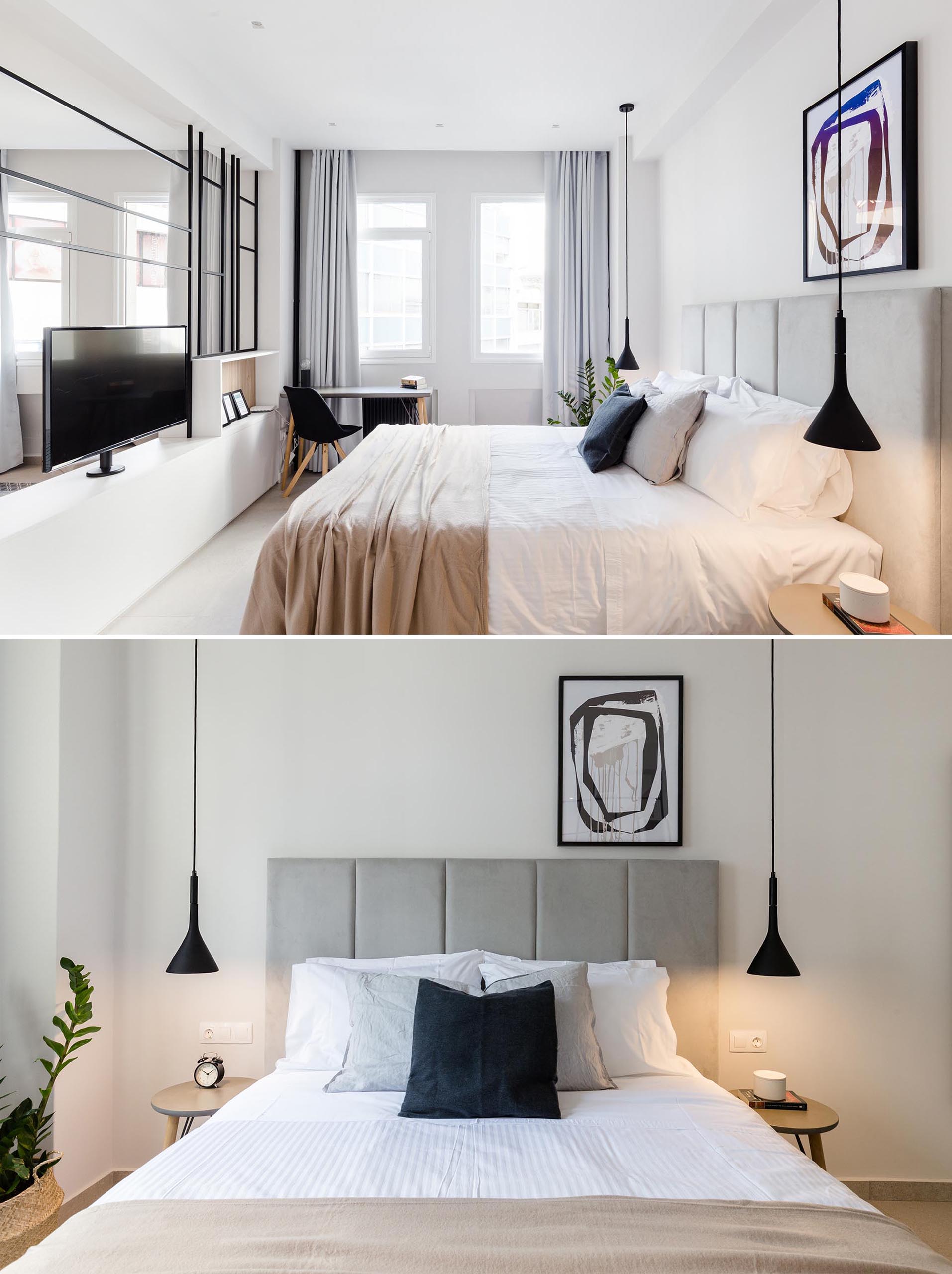 A modern bedroom with a neutral color palette and a small desk.