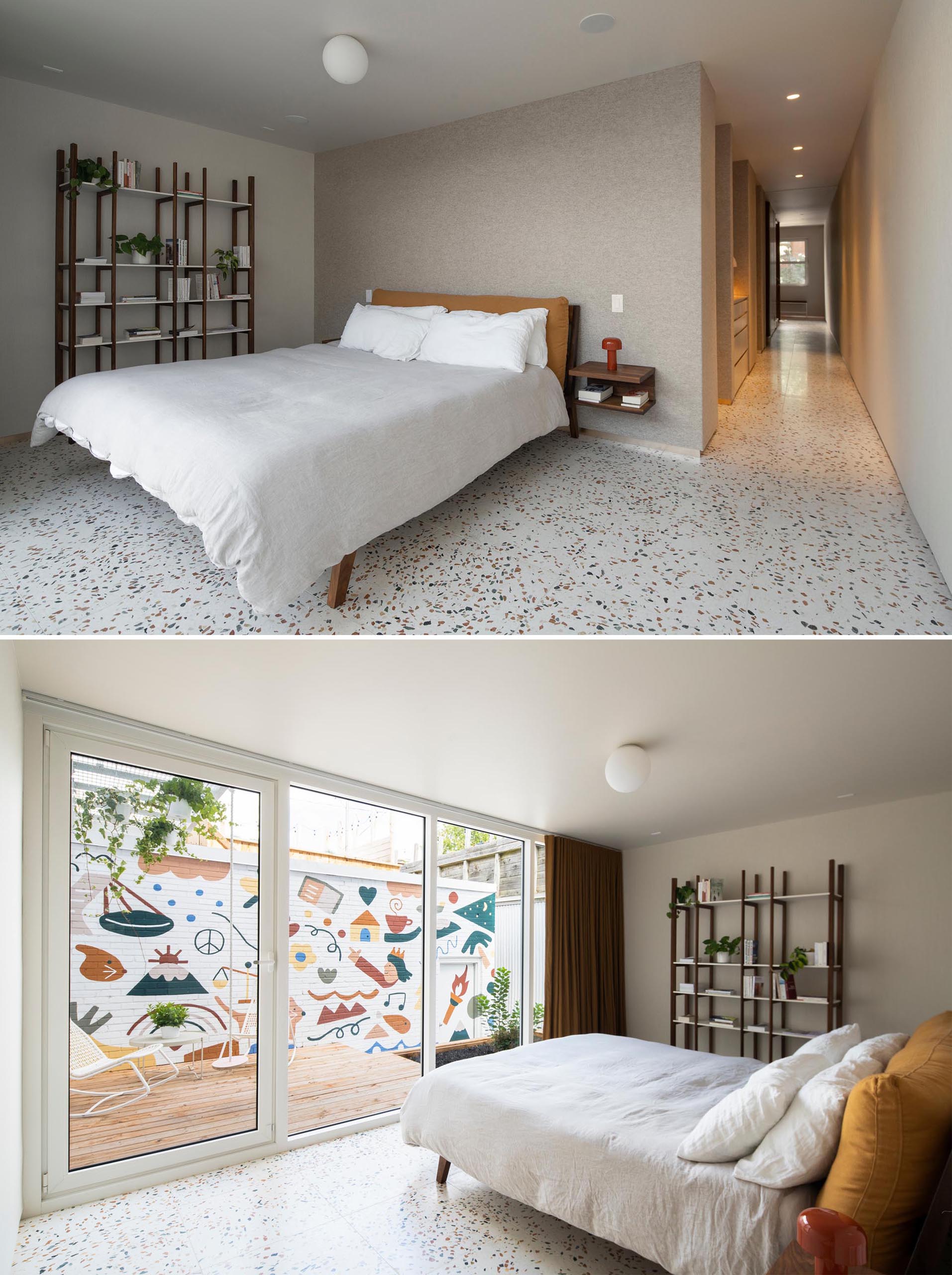 Terrazzo tile floors flow through to this modern master bedroom, that features minimal furnishings and a glass door that opens to a private courtyard with fun and colorful mural