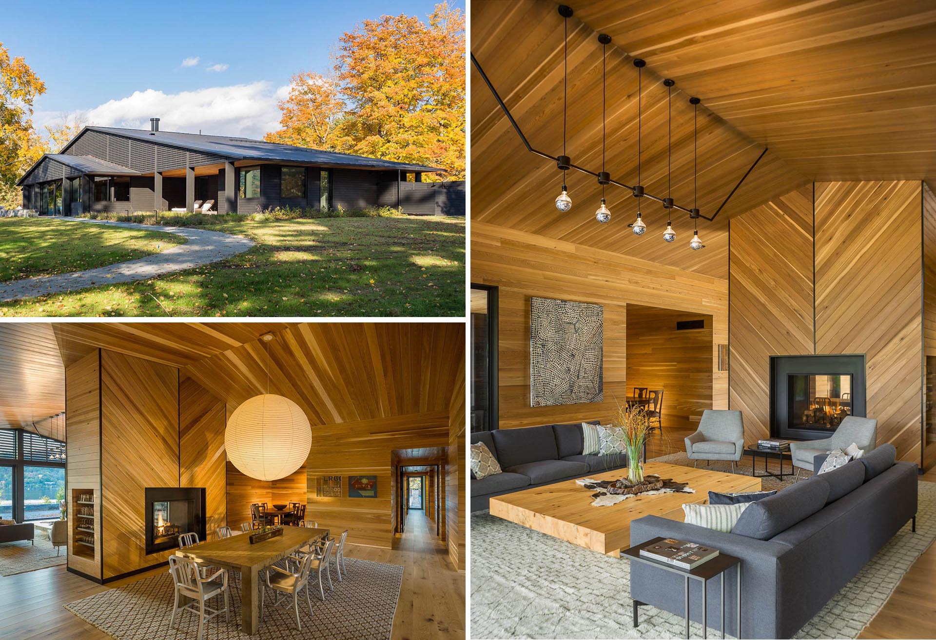 A modern house with black exterior siding and a wood-lined interior. 