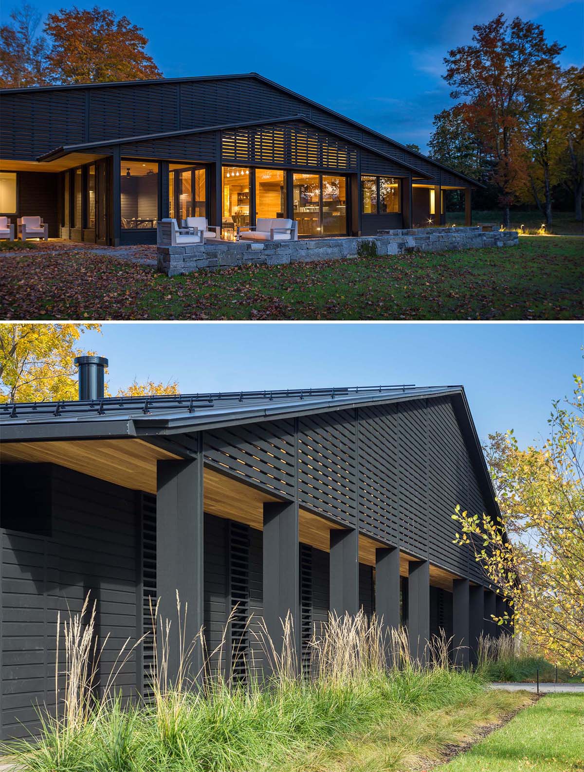 A modern house with black exterior siding and a black metal roof.