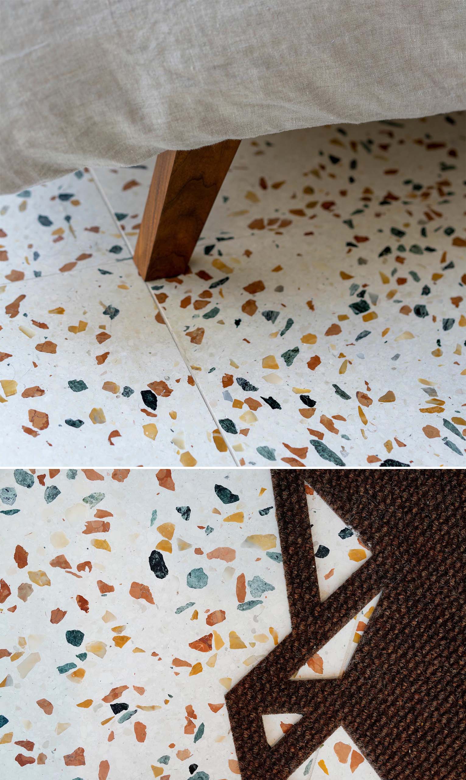 A modern interior with colorful terrazzo tile floors.