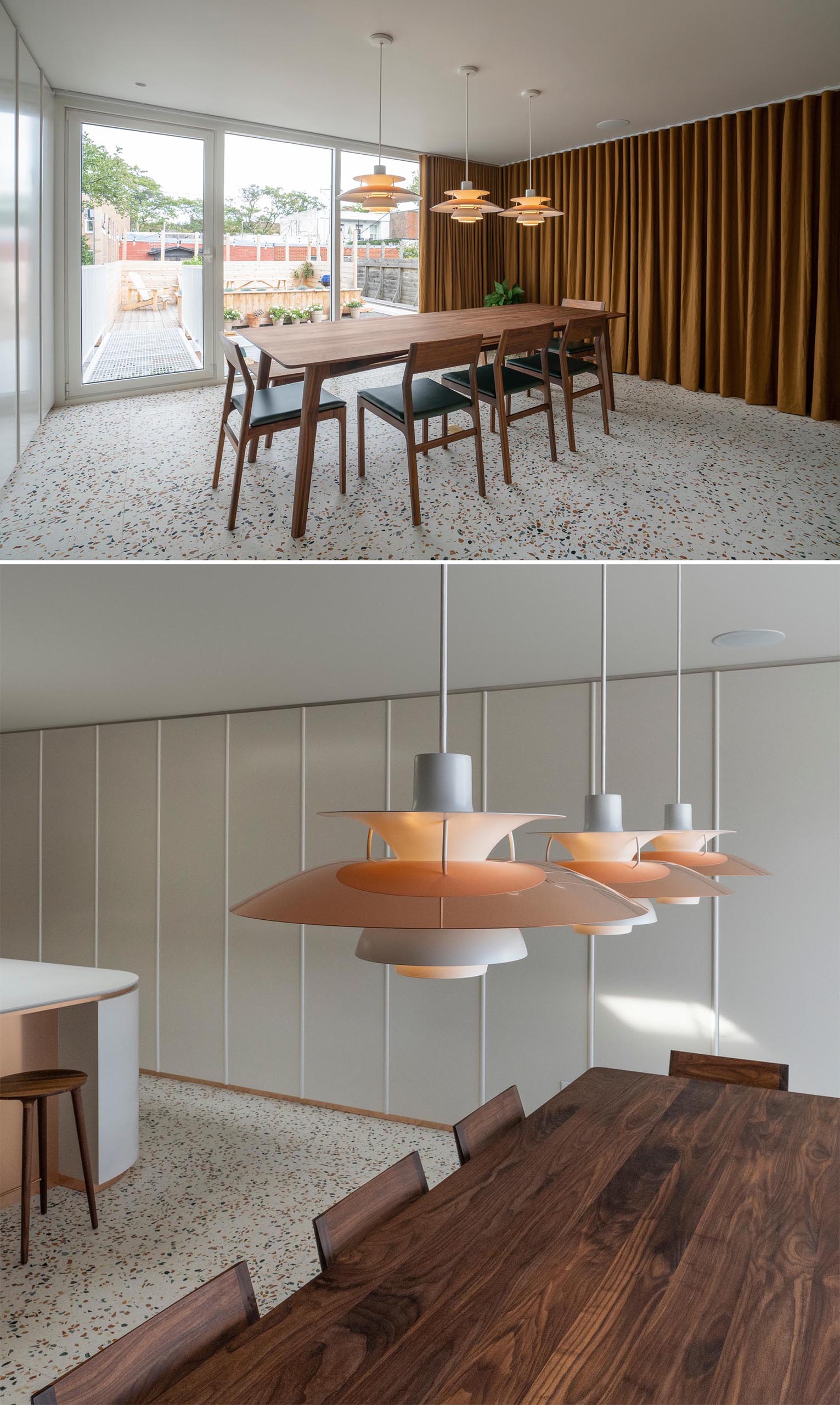 A modern dining room with a terrazzo tile floor.