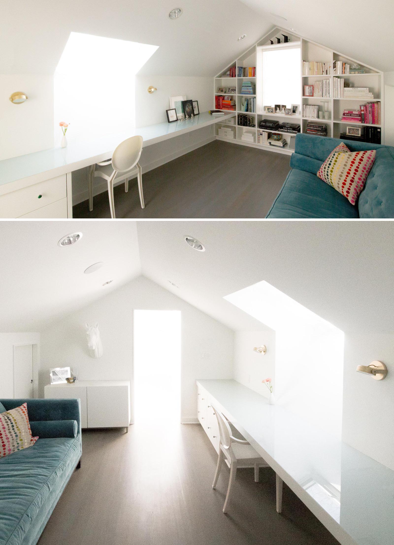 A contemporary home office with a custom bookshelf that lines the wall, and a desk that takes advantage of the skylight.