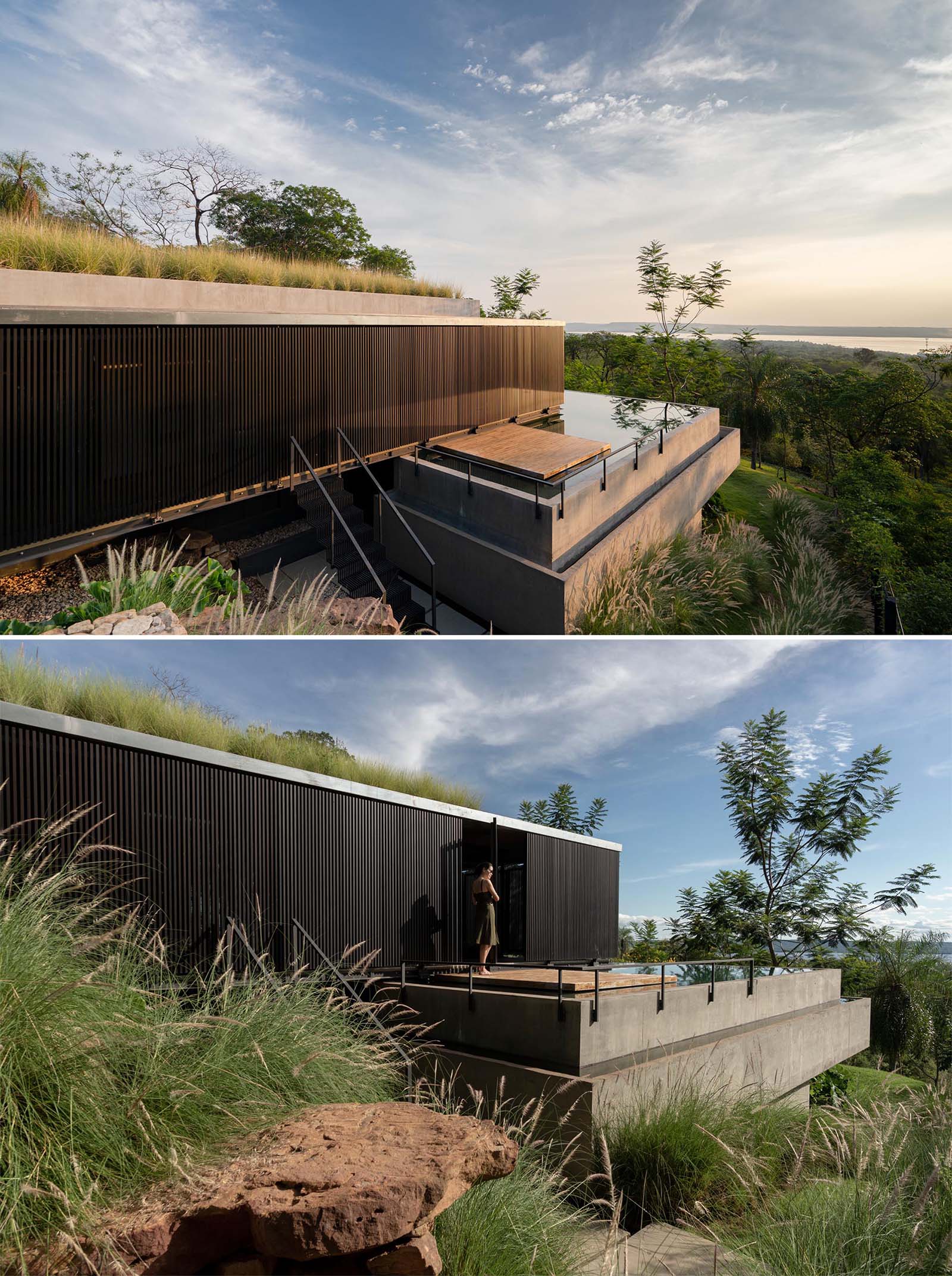 A modern house with a green roof, an infinity edge swimming pool, and black screens that wrap around the exterior.