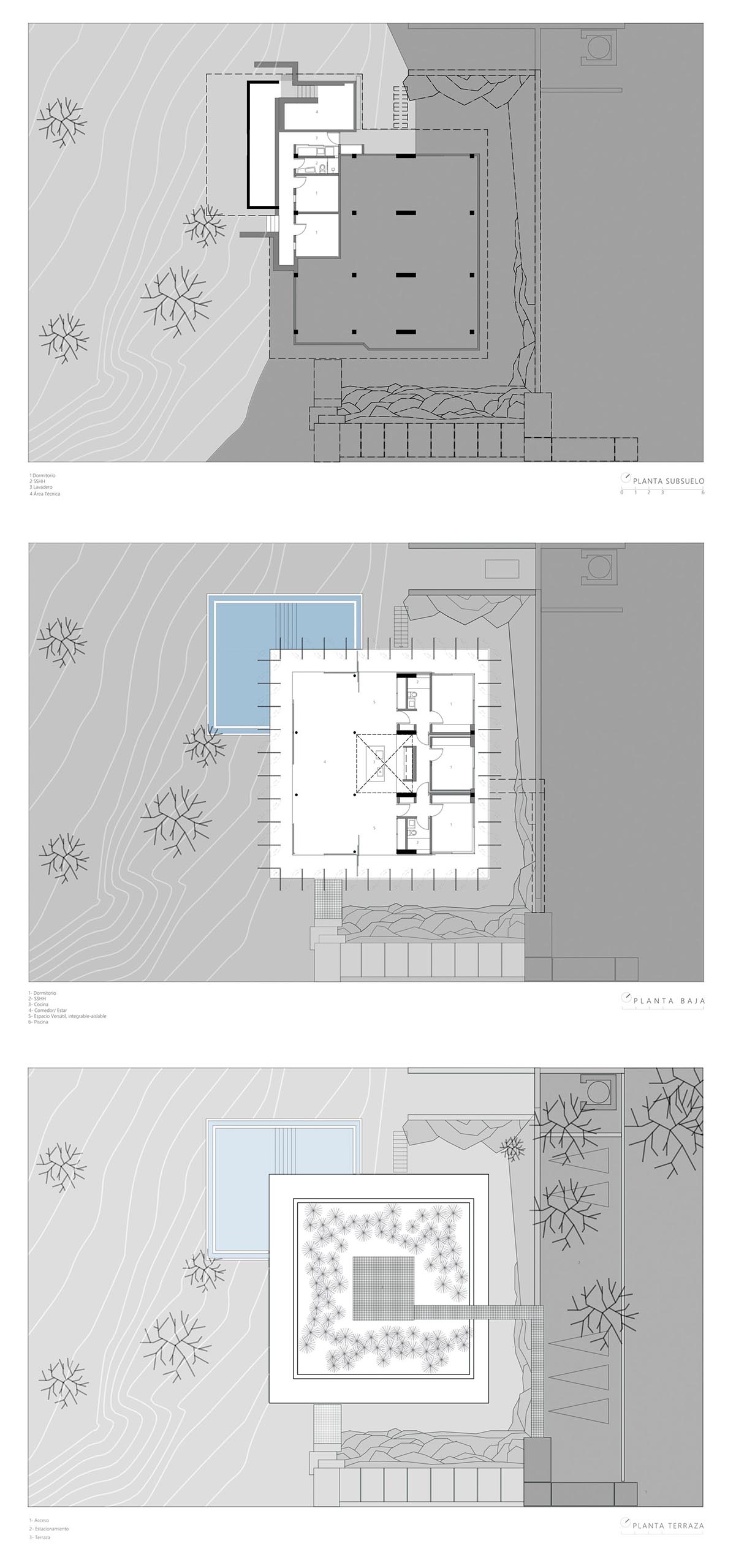 The floor plan of a modern house with a green roof and rooftop deck.