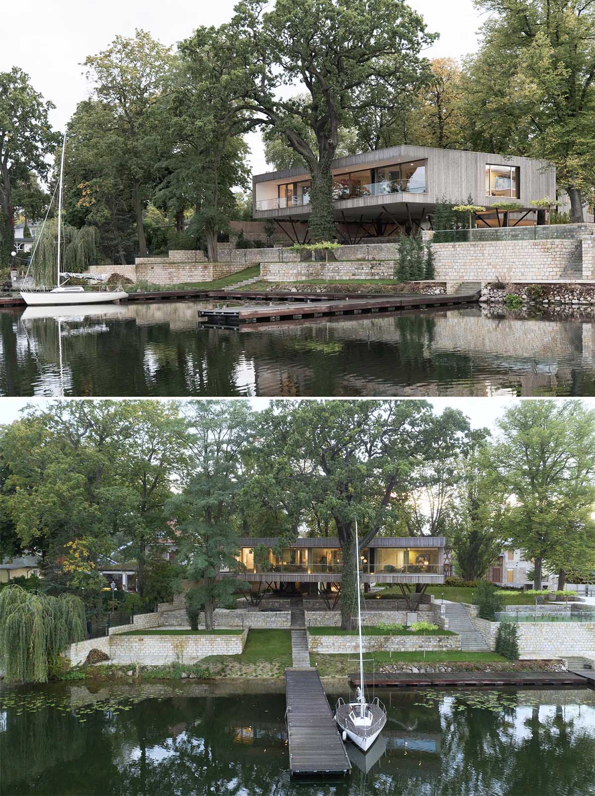 A modern house on poles has an exterior of vertical larch slats.