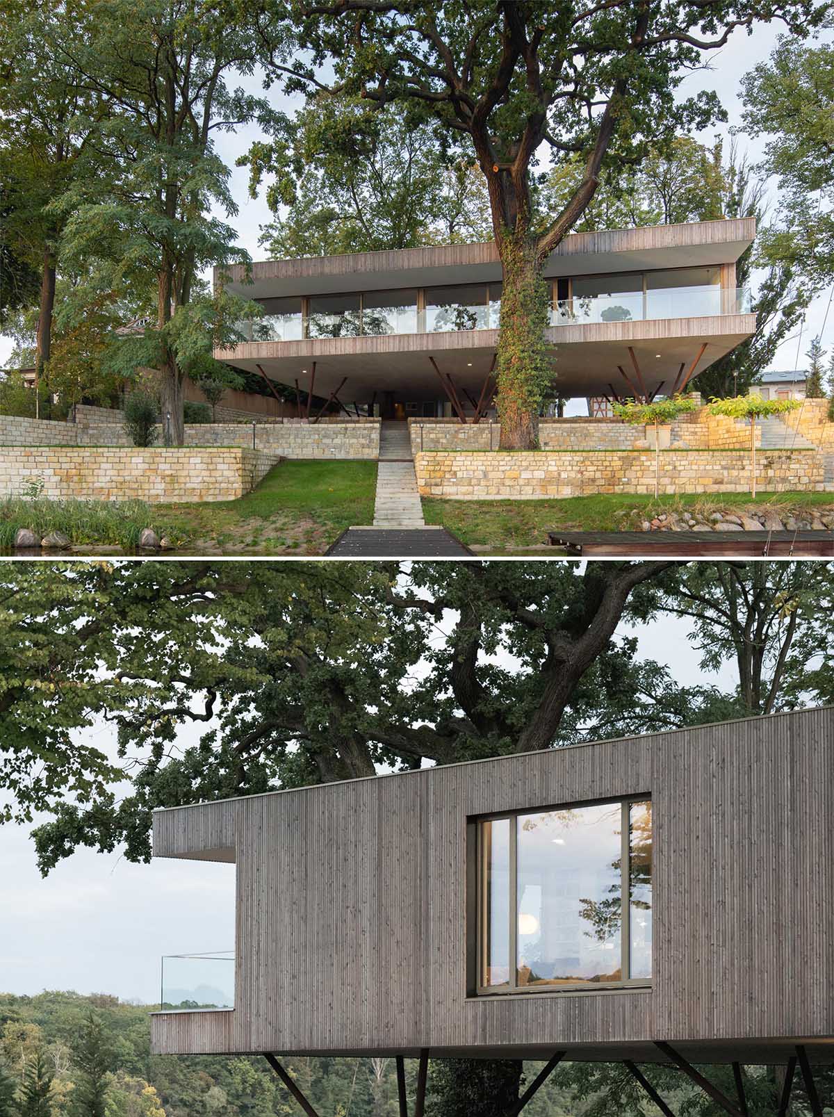 A modern house on poles has an exterior of vertical larch slats.