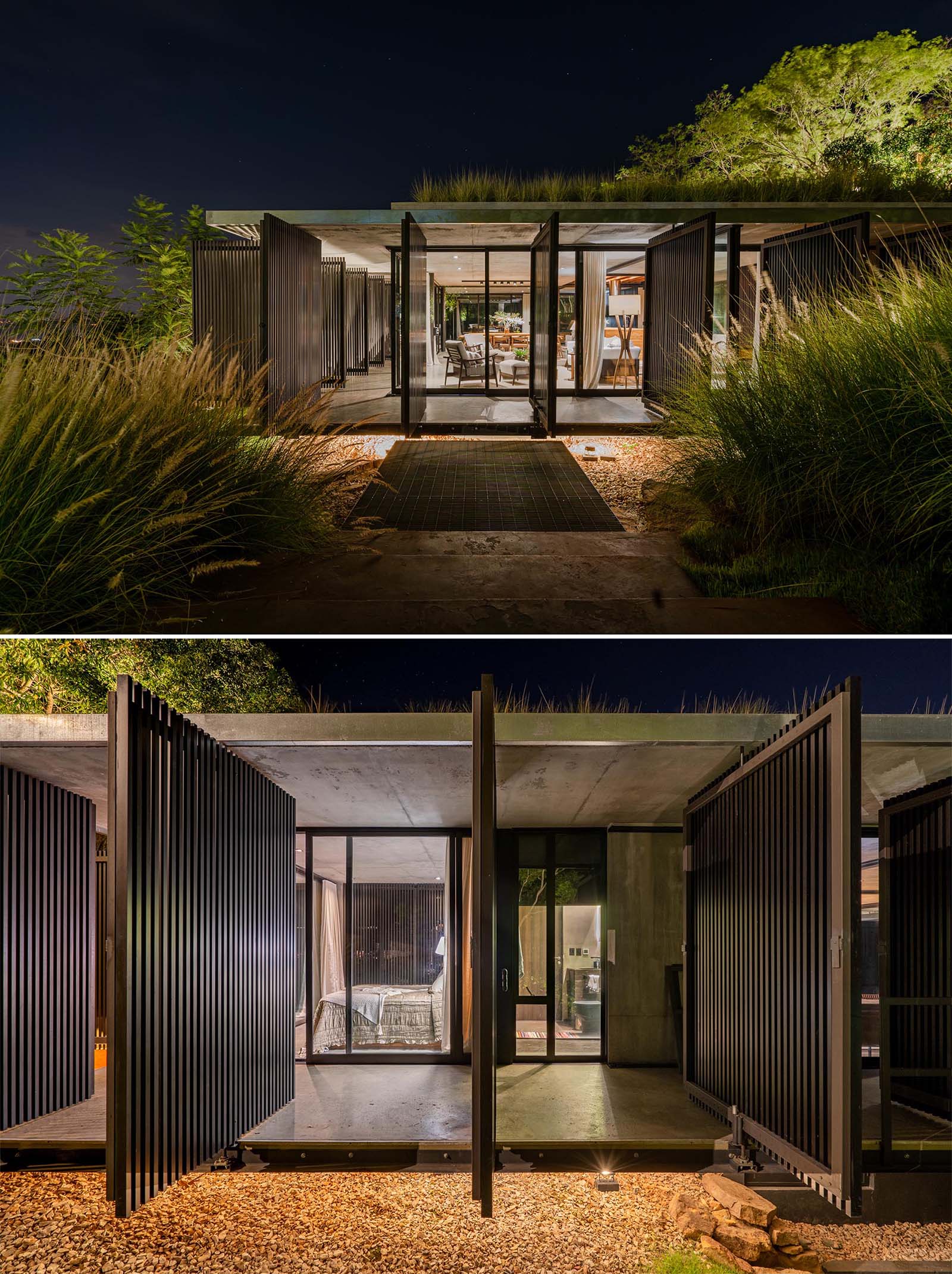 A modern house that pivoting screens on its exterior.