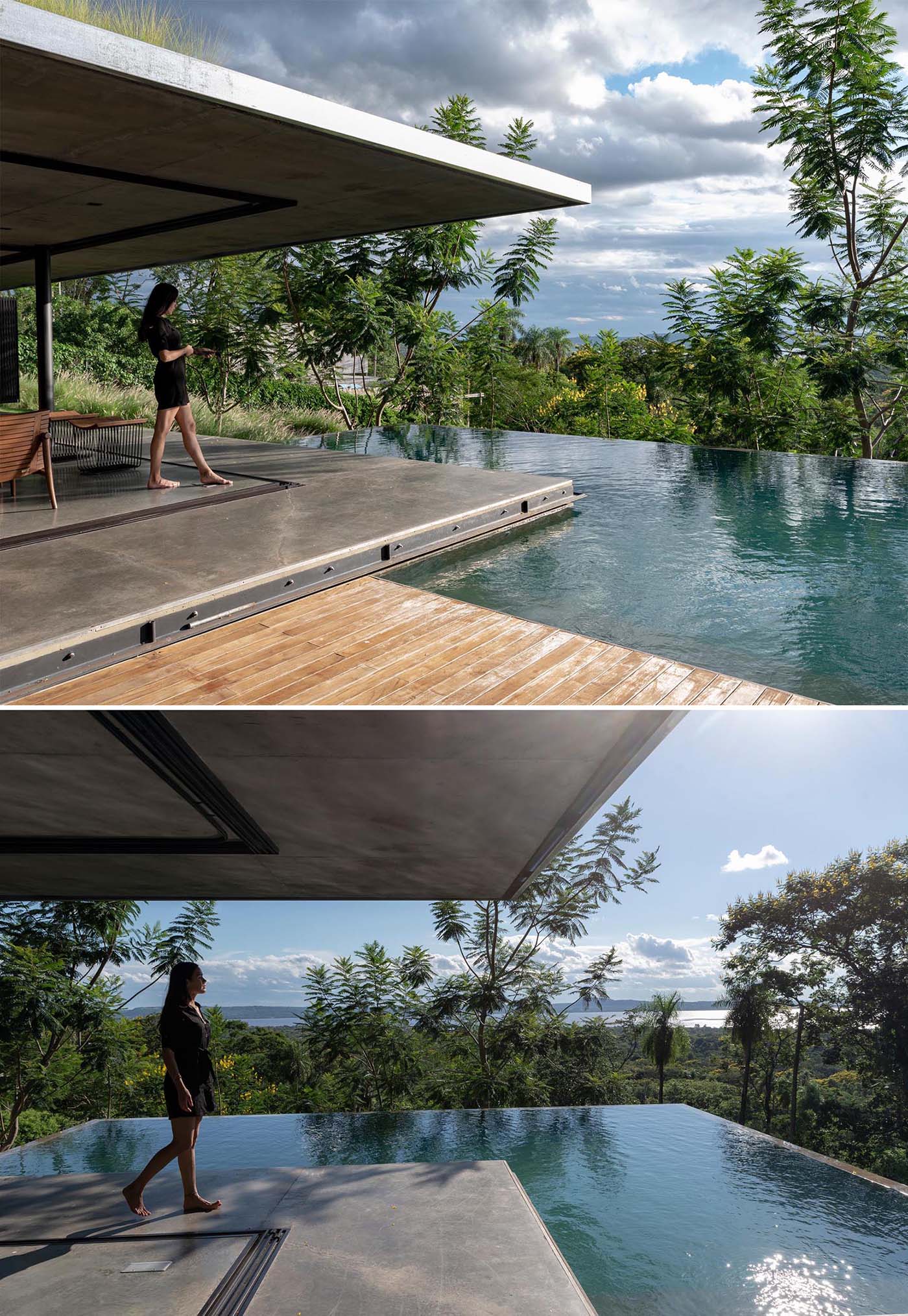 A modern house that has an infinity edge swimming pool that wraps around the corner.