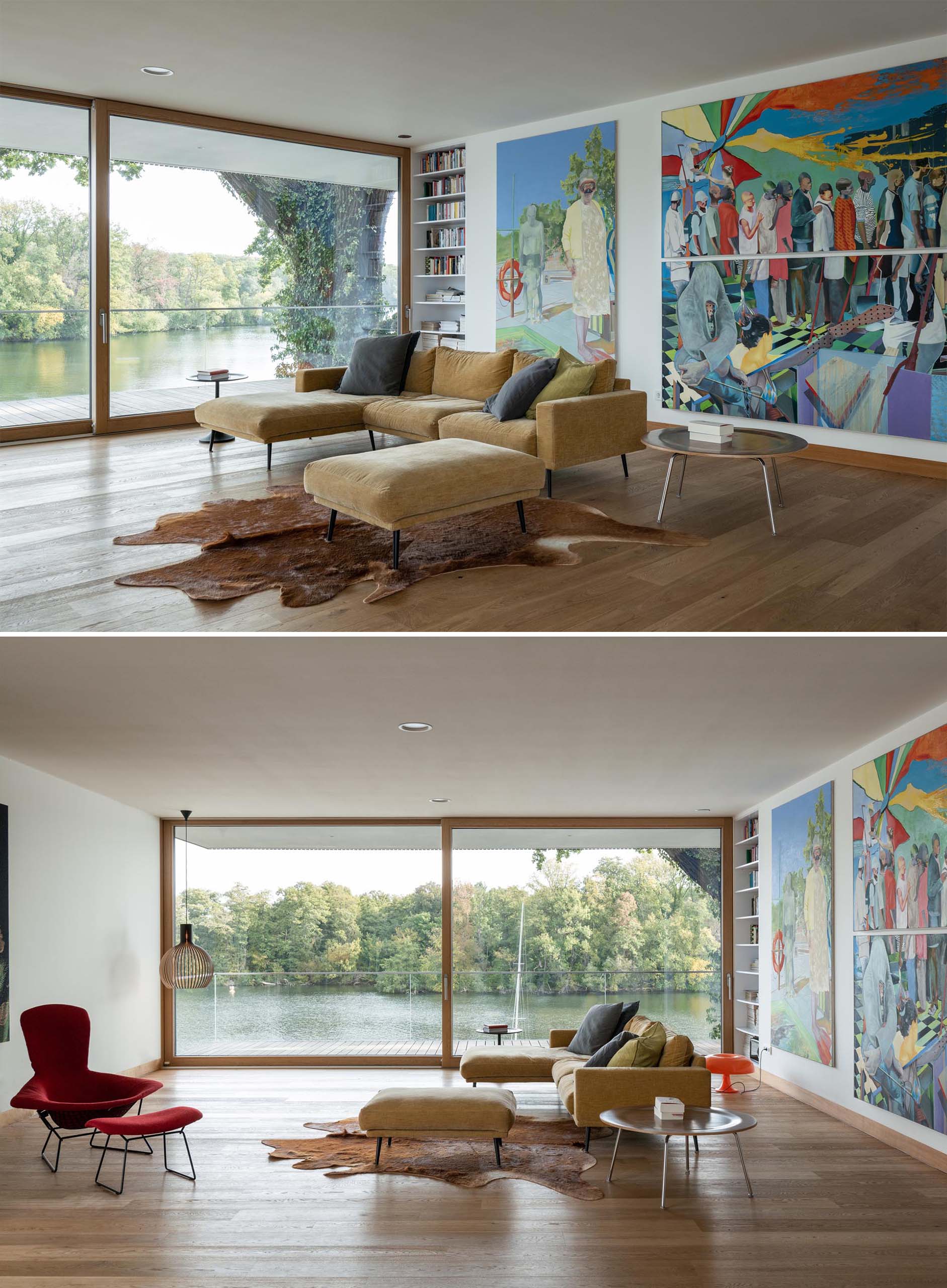 A modern living room with large and colorful artwork.