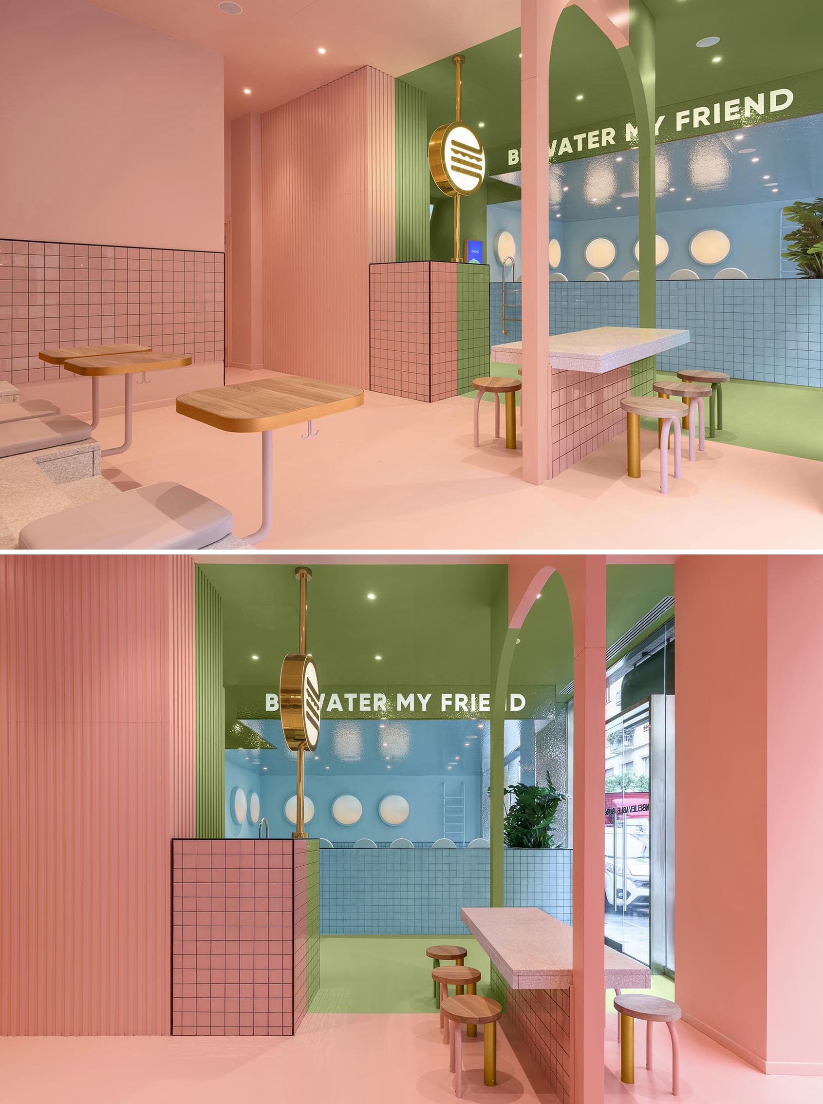 A modern restaurant interior with a pink zone, green zone, and blue zone.