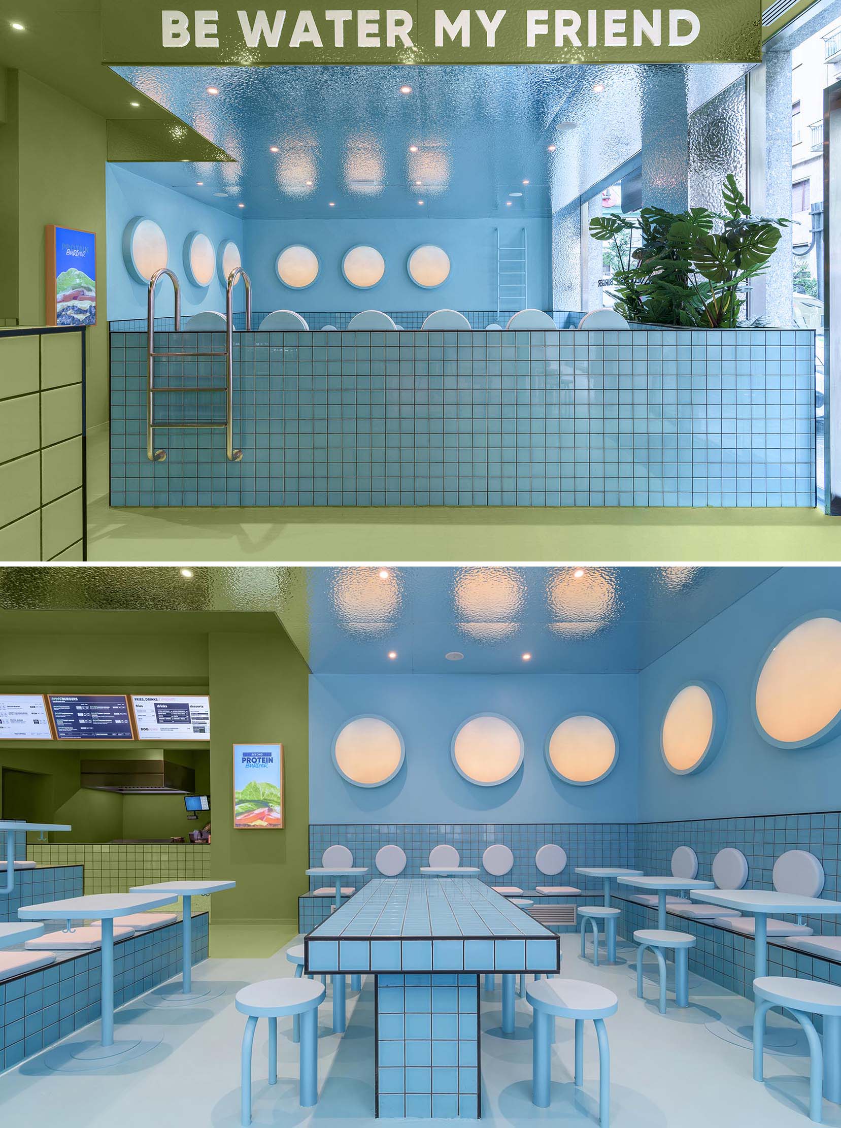 A modern restaurant interior with blue section inspired by a swimming pool.