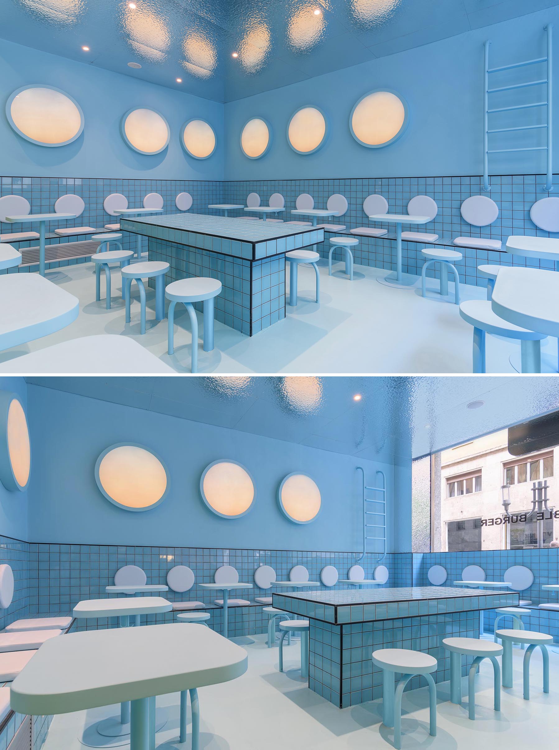 A modern restaurant interior with blue seating area inspired by a swimming pool.