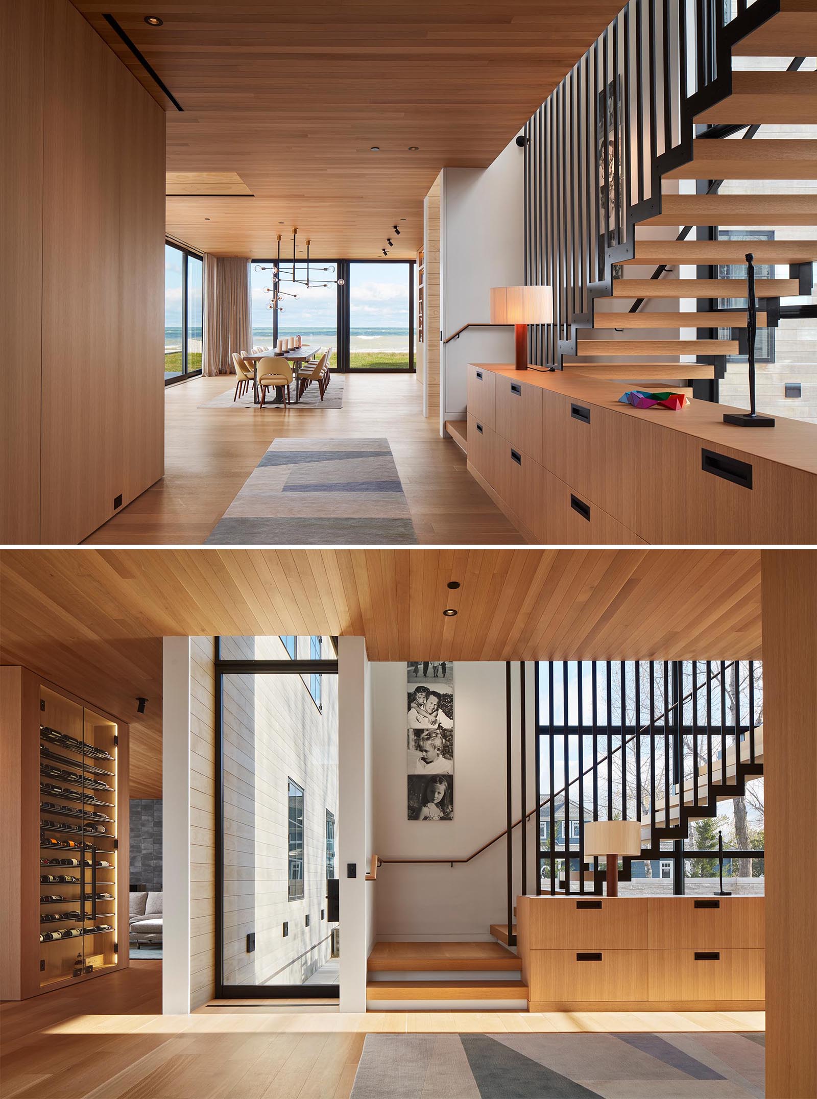 A suspended steel staircase with white oak treads connects the different levels of the home, while built-in cabinetry adds an element of storage.