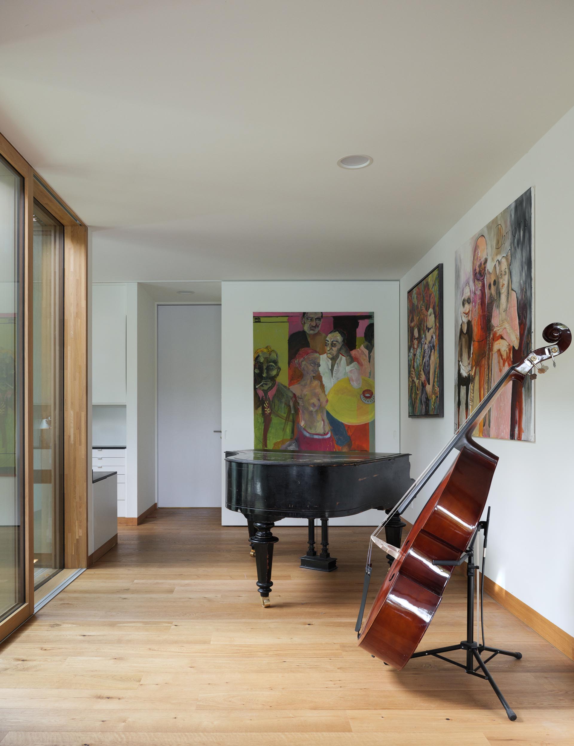 A modern home with a music room.