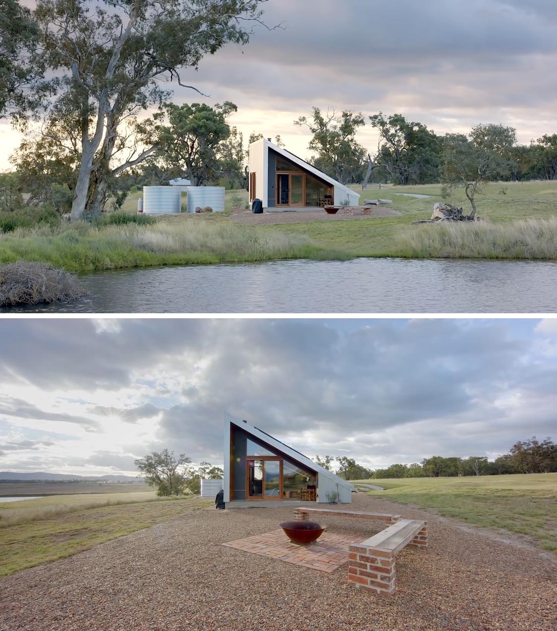 The design of this small 430 square foot off-grid tiny house has corrugated metal siding and a 30 degree roof, that allows for solar panels.