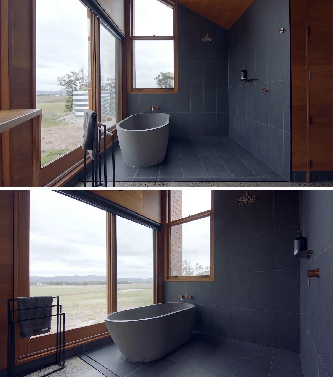 This modern off-grid tiny house includes an open plan bathroom with a freestanding bathtub and gray tiled shower.