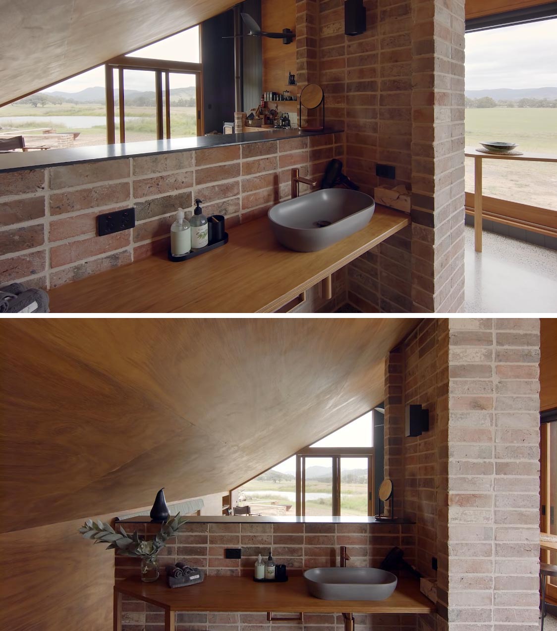 The bathroom vanity in this modern off-grid tiny house includes reclaimed bricks and a wood countertop.