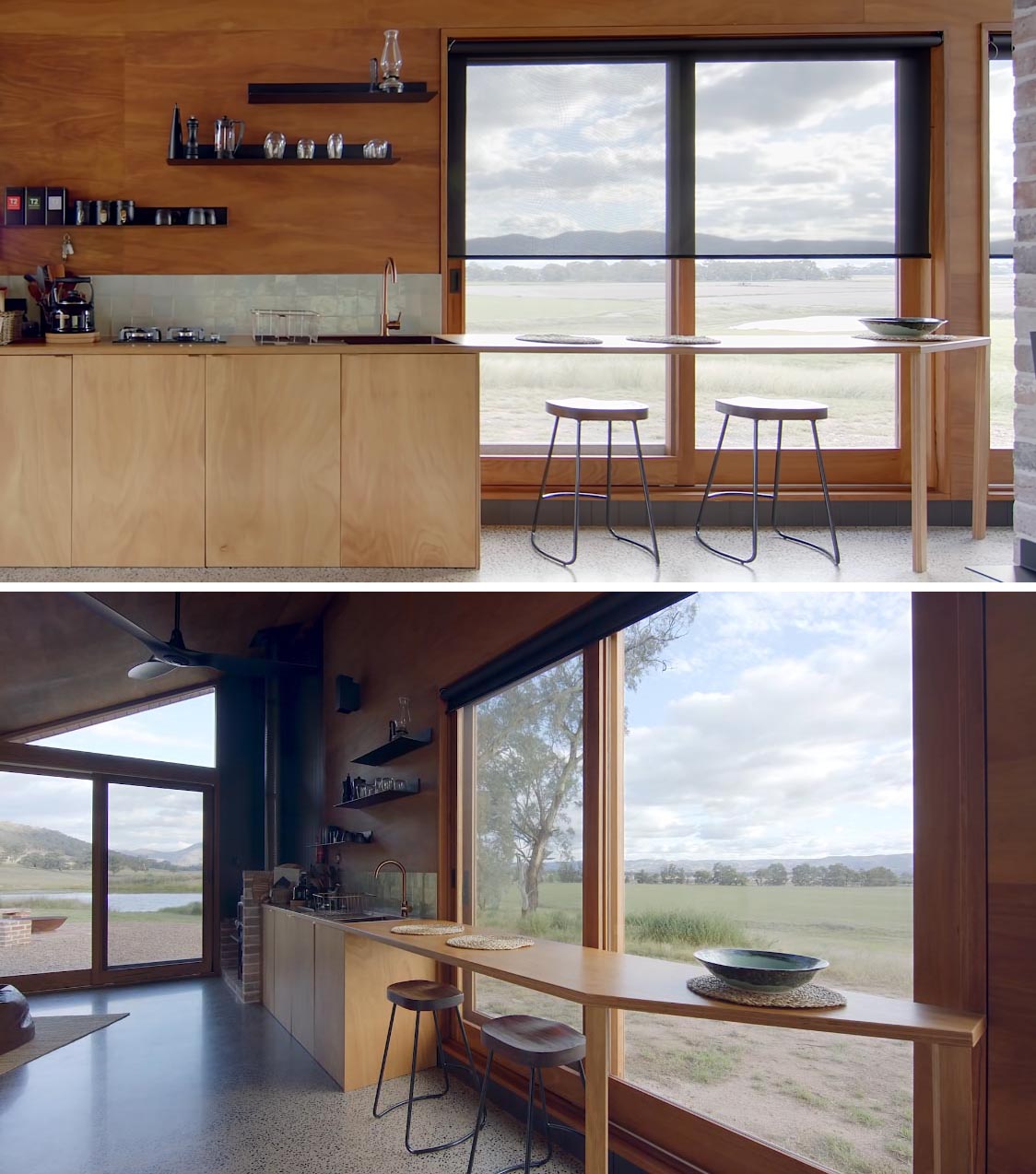 The kitchen countertop in this tiny house, extends past the windows and acts as a dining area or a workspace.