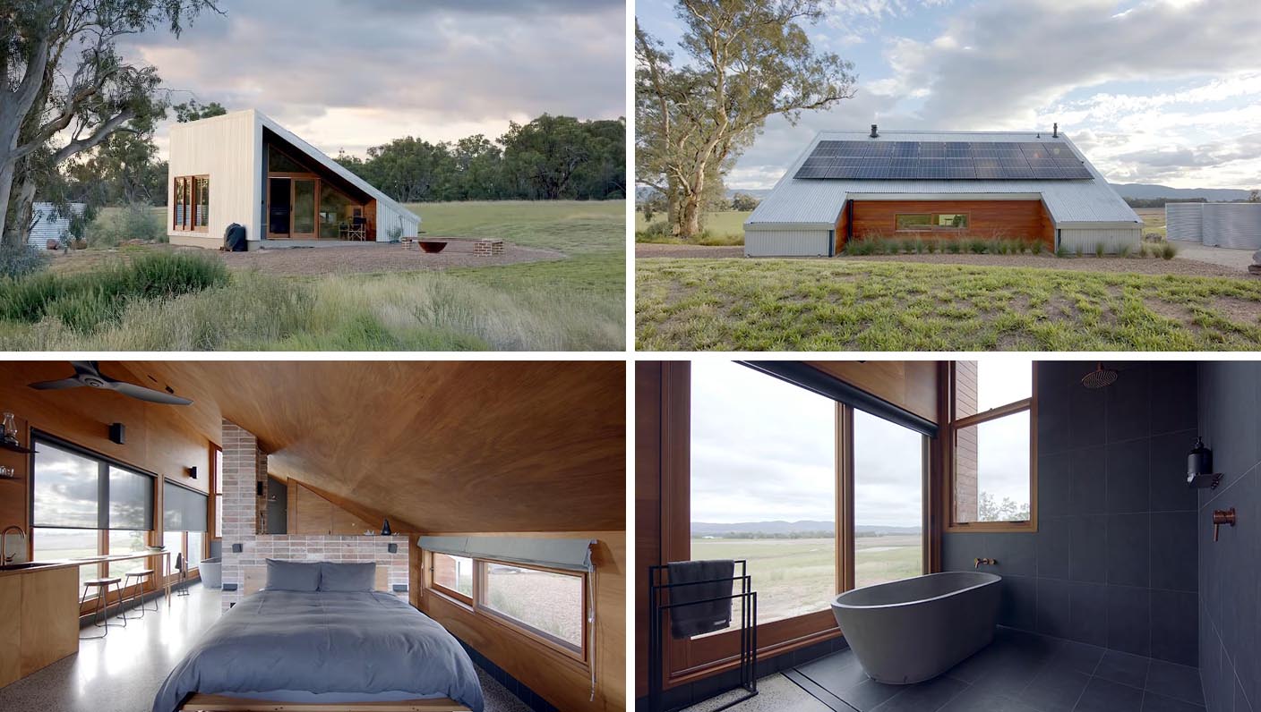 A modern off-grid tiny house designed as an Airbnb, includes corrugated metal siding, solar panels, and an open floor plan.