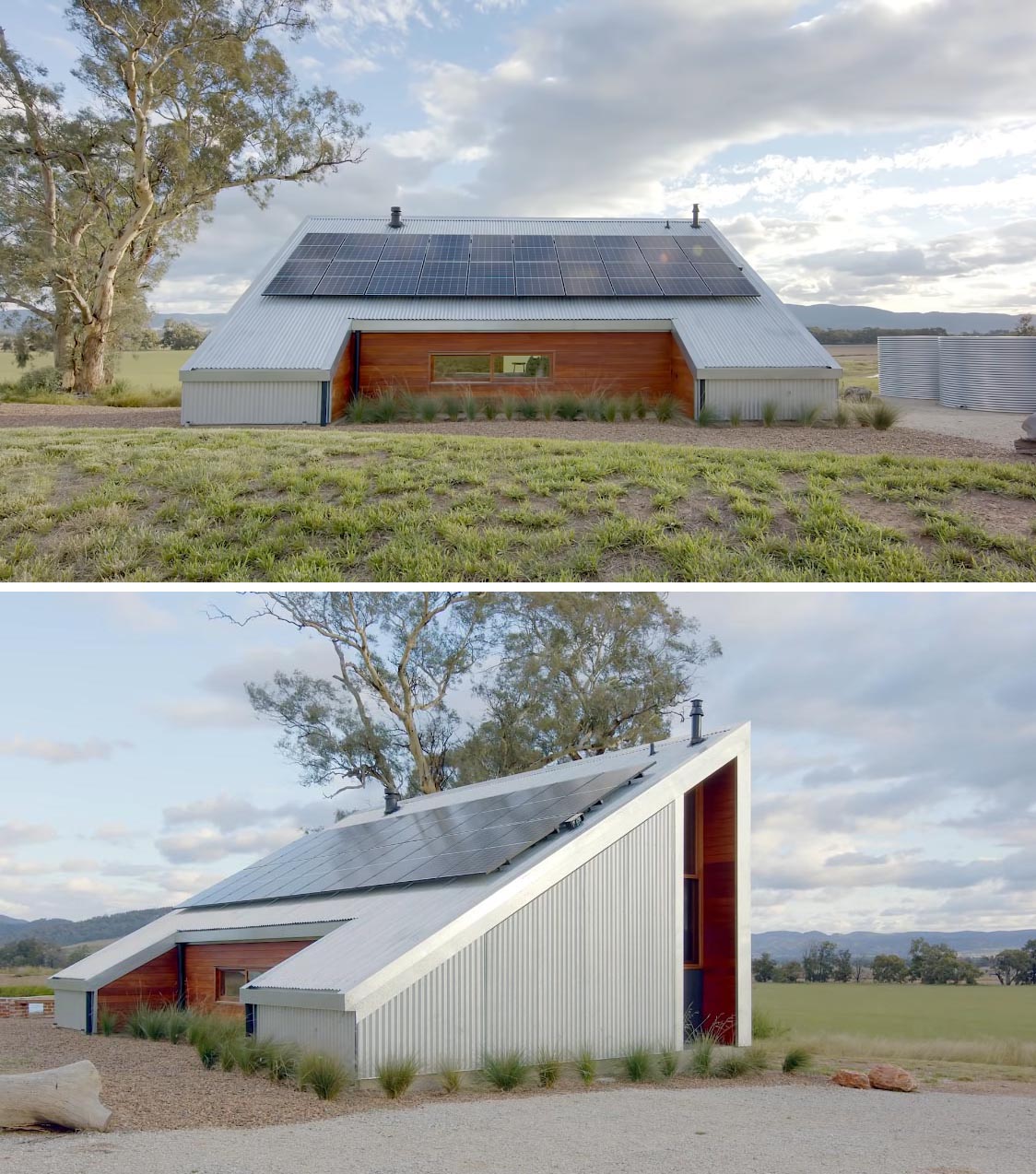 The design of this off-grid tiny house has corrugated metal siding and a 30 degree roof, that allows for solar panels.