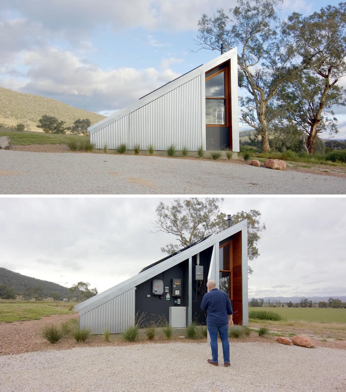 A hidden panel within this off-grid tiny home houses the solar batteries. There's also rain water collection tanks, with some of the water reserved for fighting bush fires if needed.