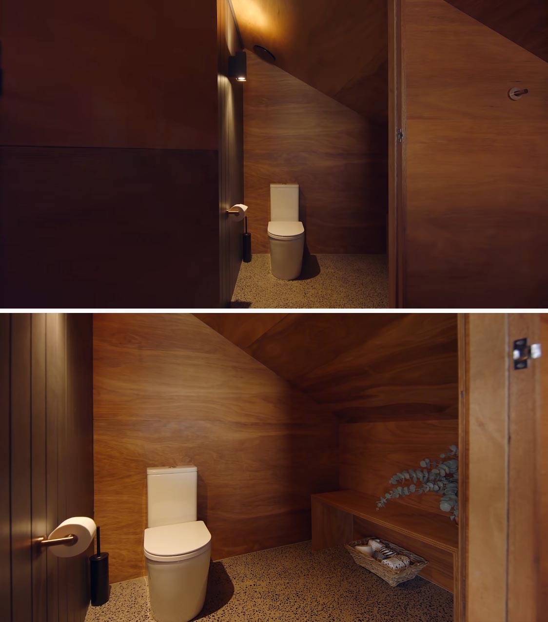 A wood-lined toilet room in an off-grid tiny home.