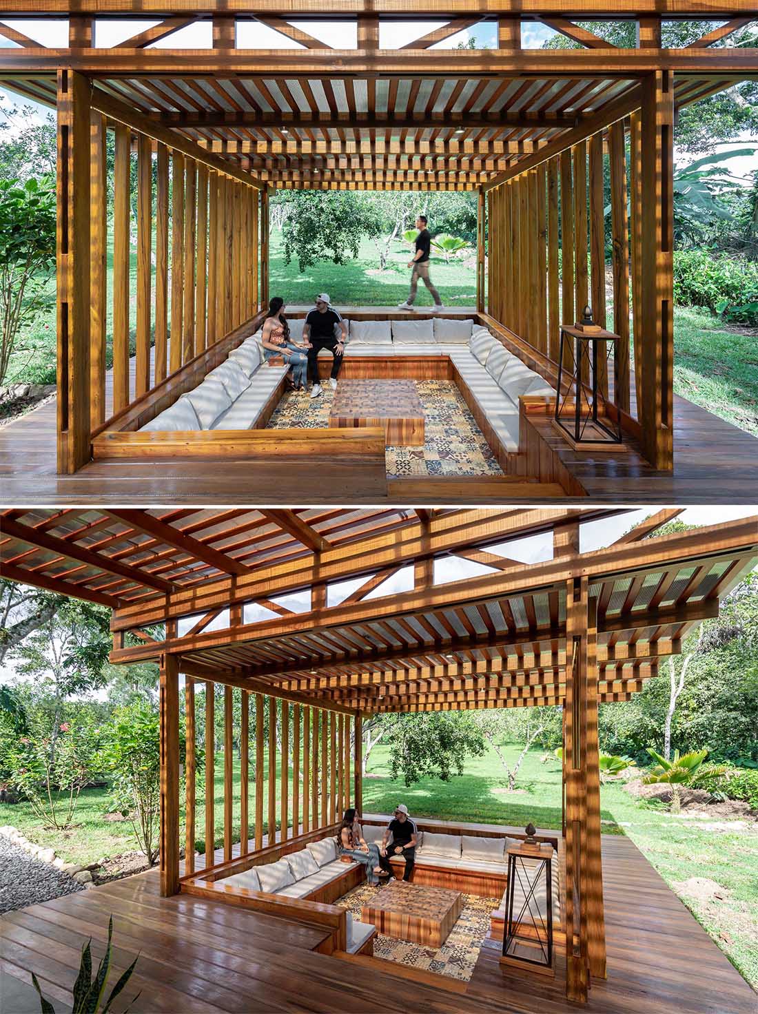 A sunken conversation pit sits underneath a wooden pergola with translucent polycarbonate roofing.