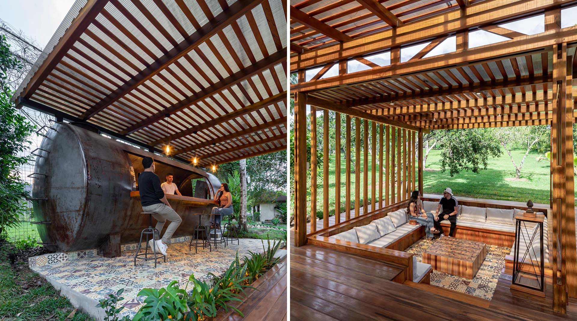 A covered outdoor entertaining space with a bar located within a repurposed water tank, and a sunken conversation pit.