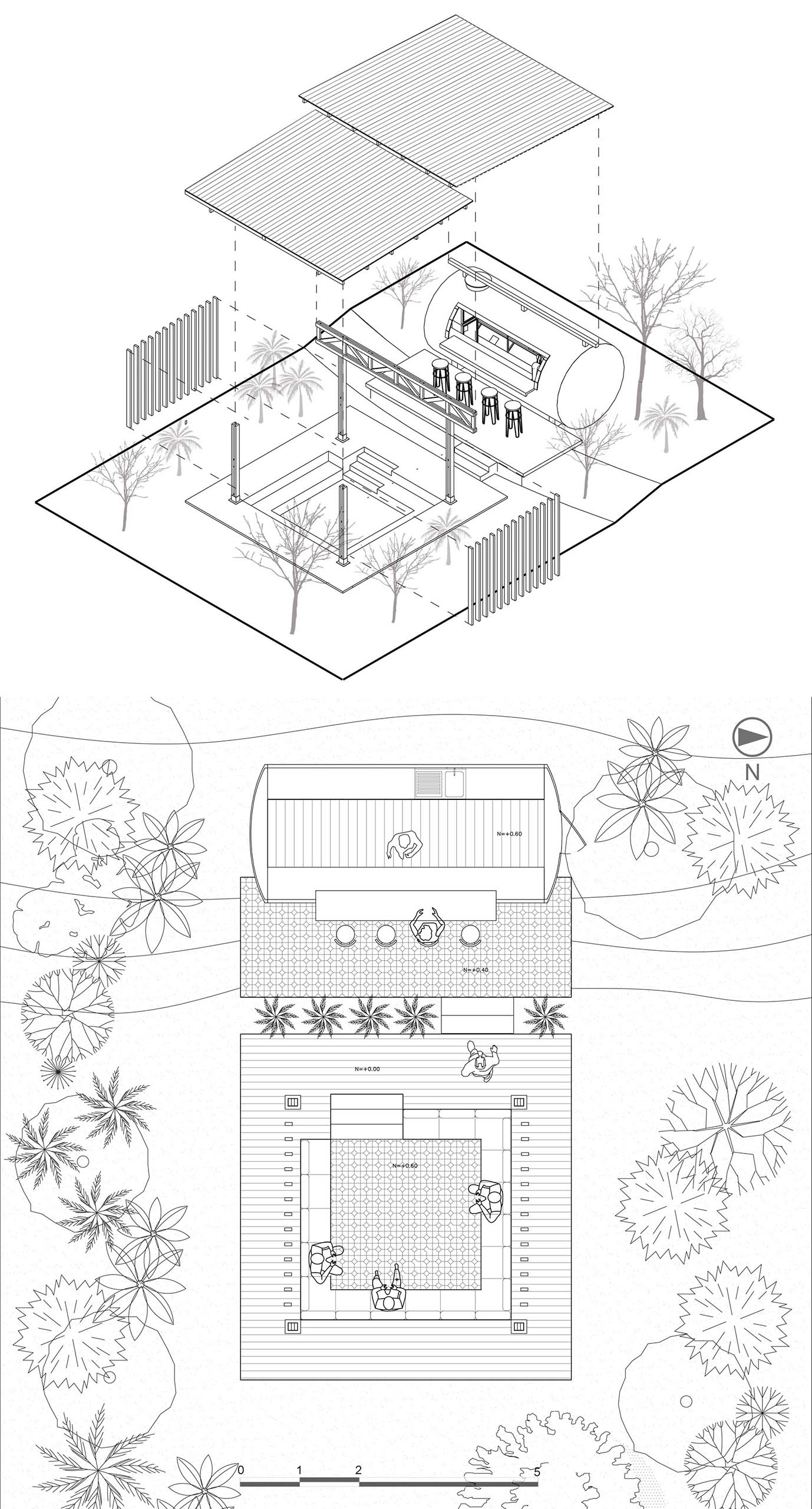 A covered outdoor entertaining space with a bar located within a repurposed water tank, and a sunken conversation pit.