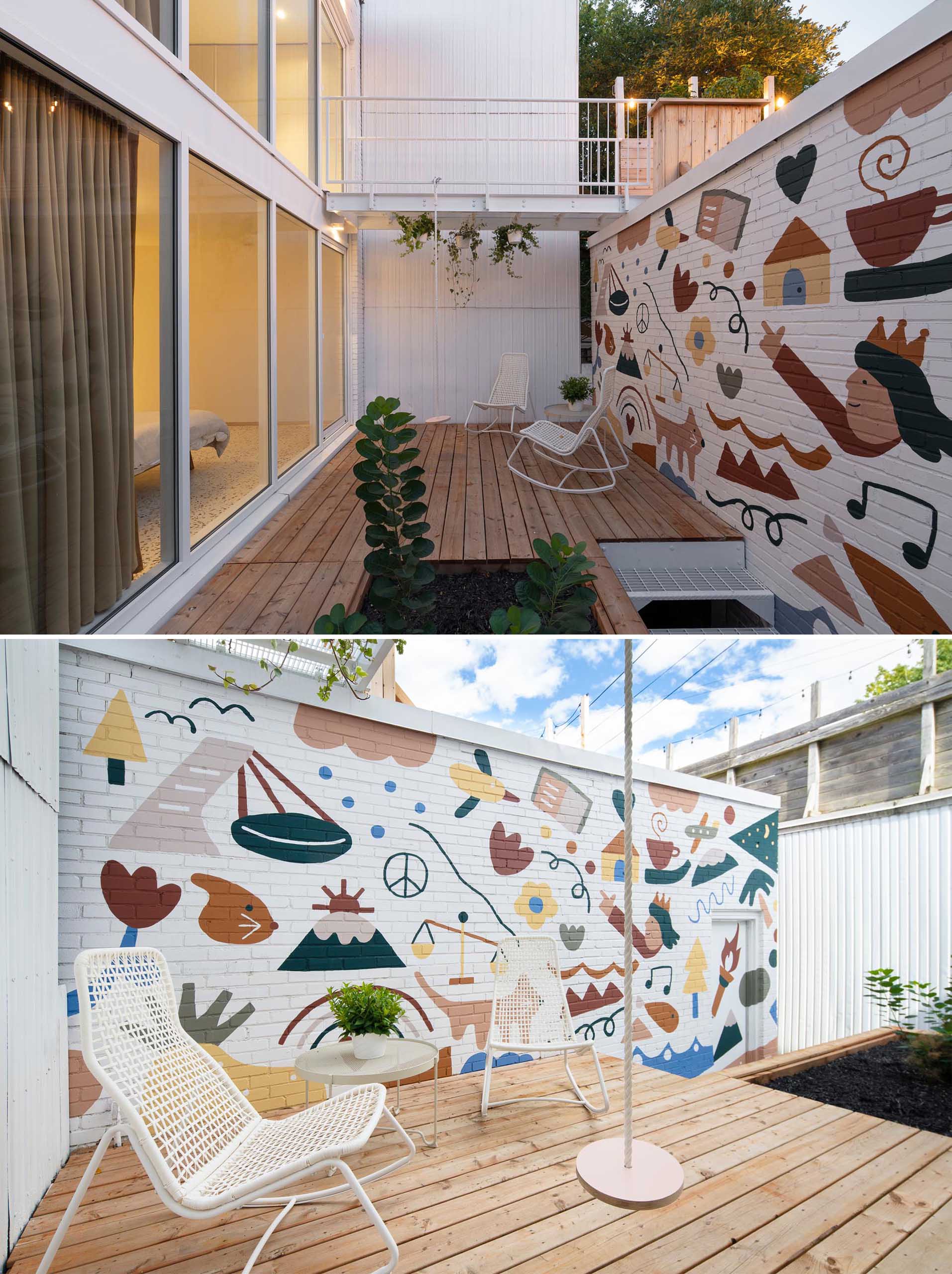 A modern and private courtyard with a fun and colorful mural by artist Marc-Olivier Lamothe.