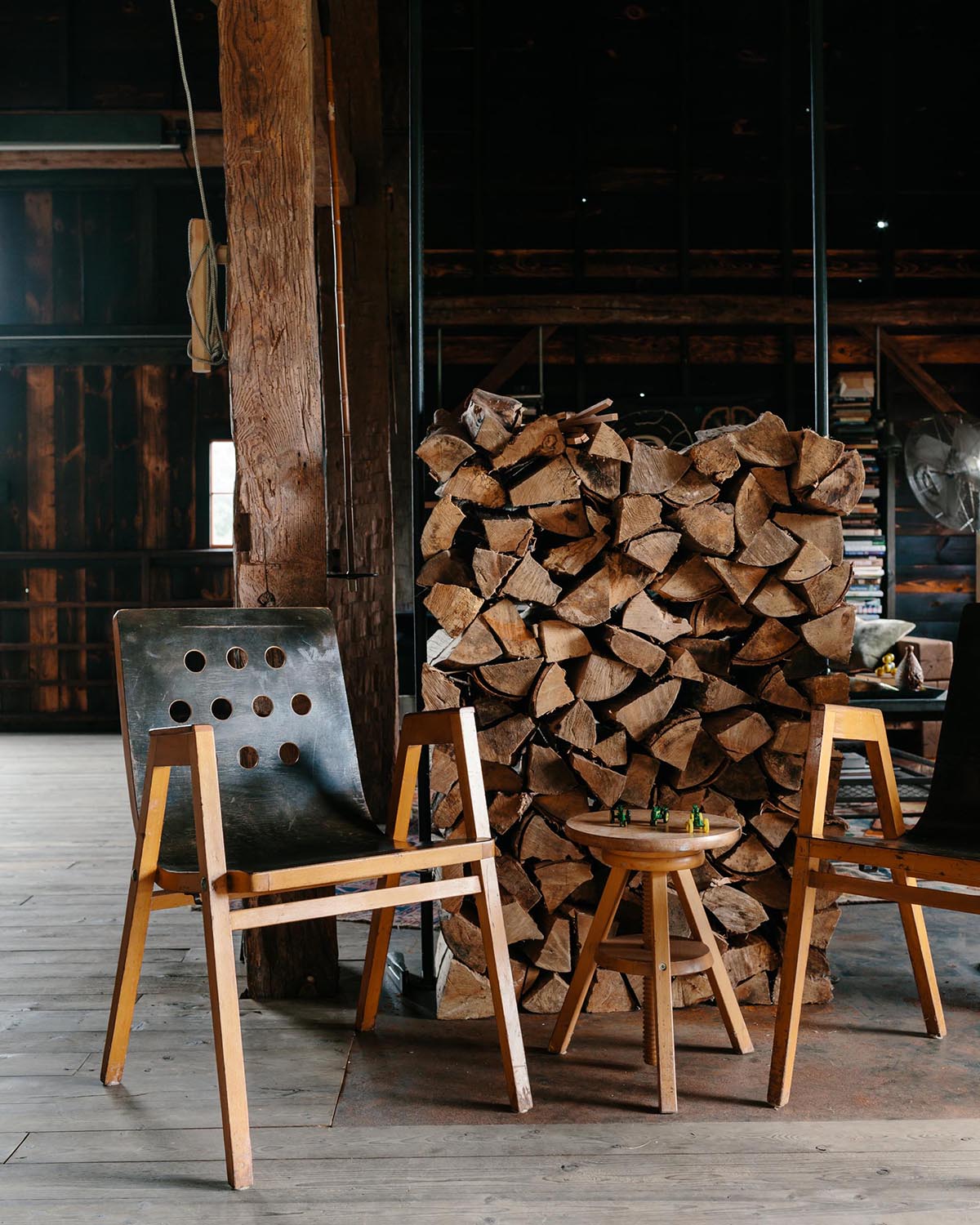 Vintage furniture in a renovated barn.