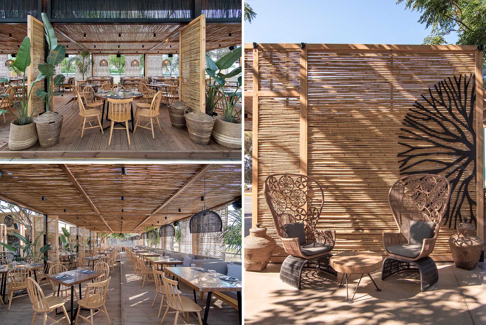 Designed with a beach aesthetic in mind, this modern bar and restaurant showcases natural materials, like reed, throughout its interior.