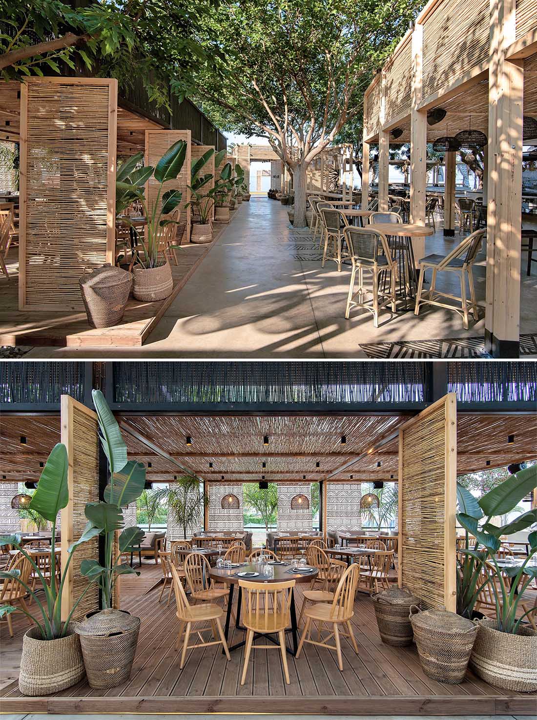 A modern outdoor restaurant with reed screens that provide shade and create a beach aesthetic.