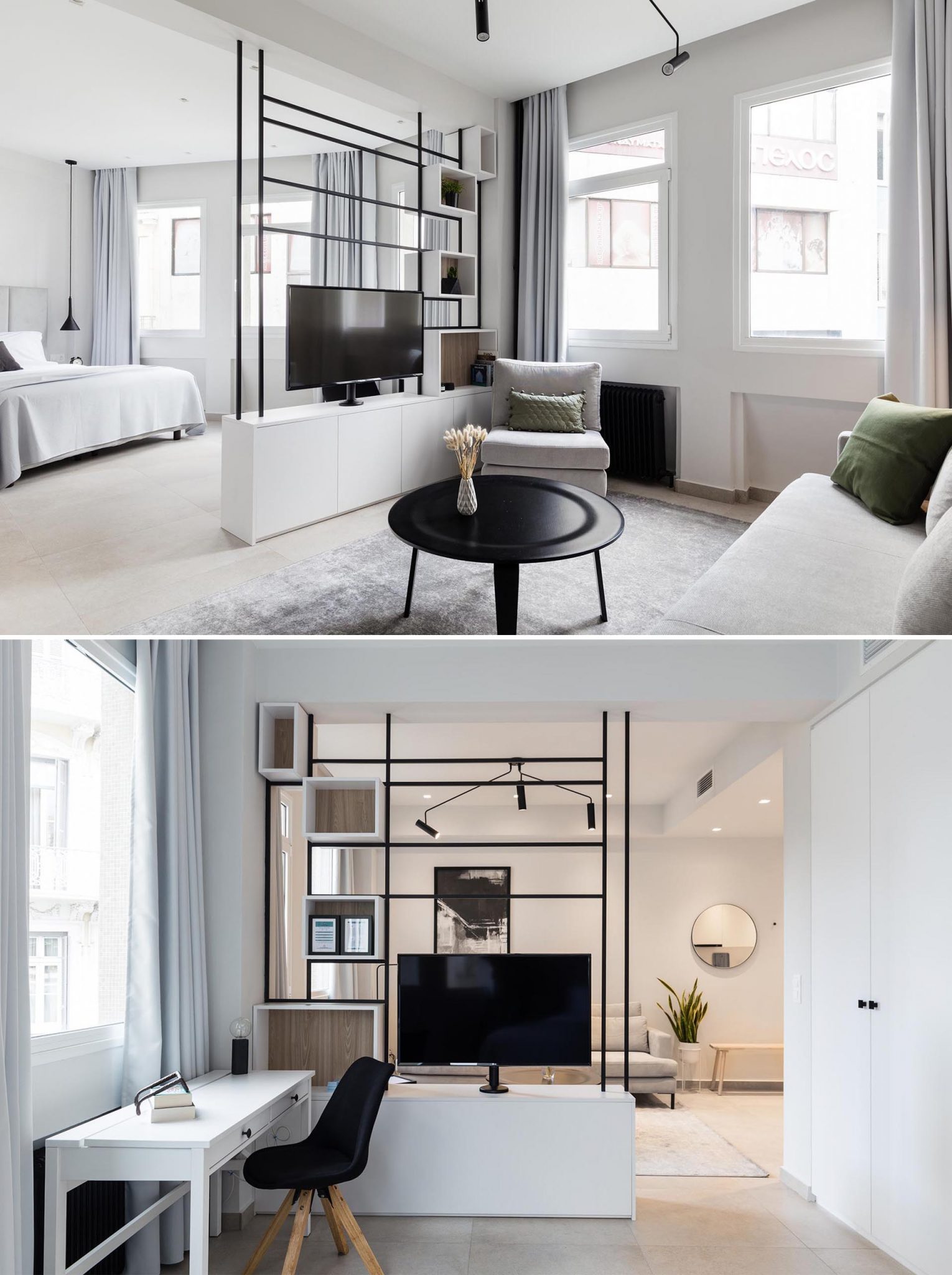 This Black Framed Room Divider Allows The TV To Be Used From Both Sides