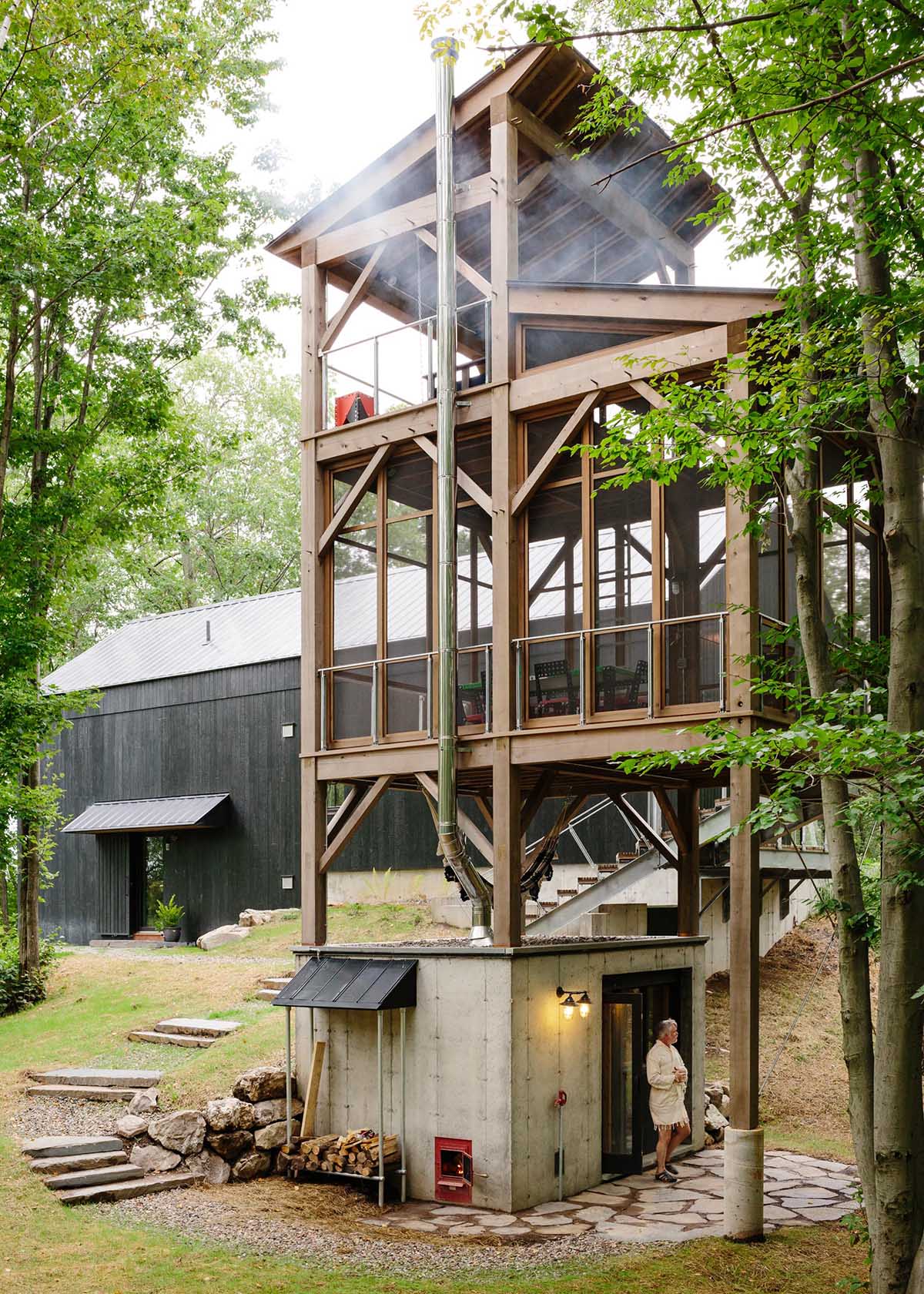 A three-storey cedar tower with a sauna.