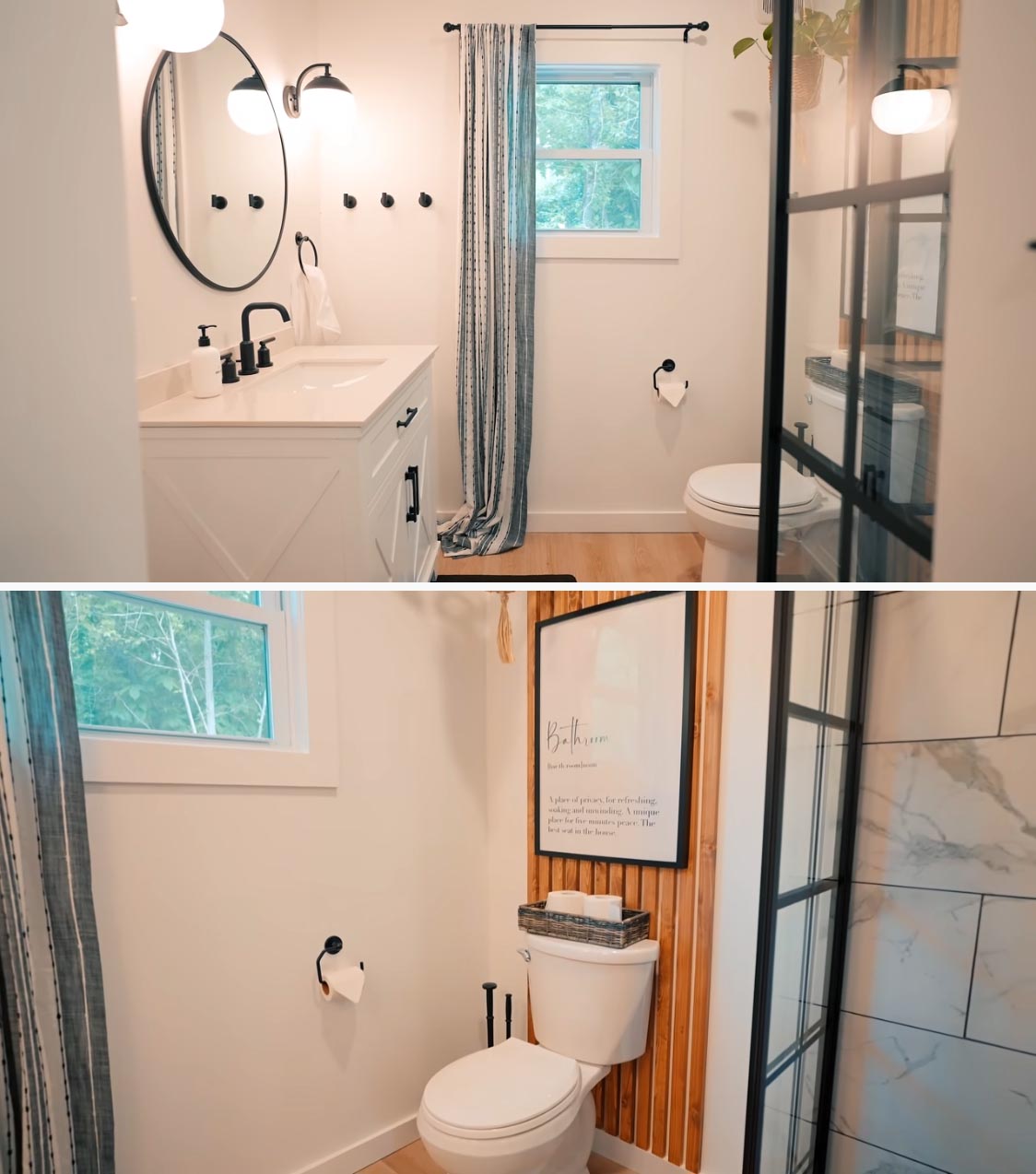 This small shipping container home bathroom has black accents that contrast the white walls, while a wood slat wall and hanging plant behind the toilet adds a natural element and makes the room feel taller.