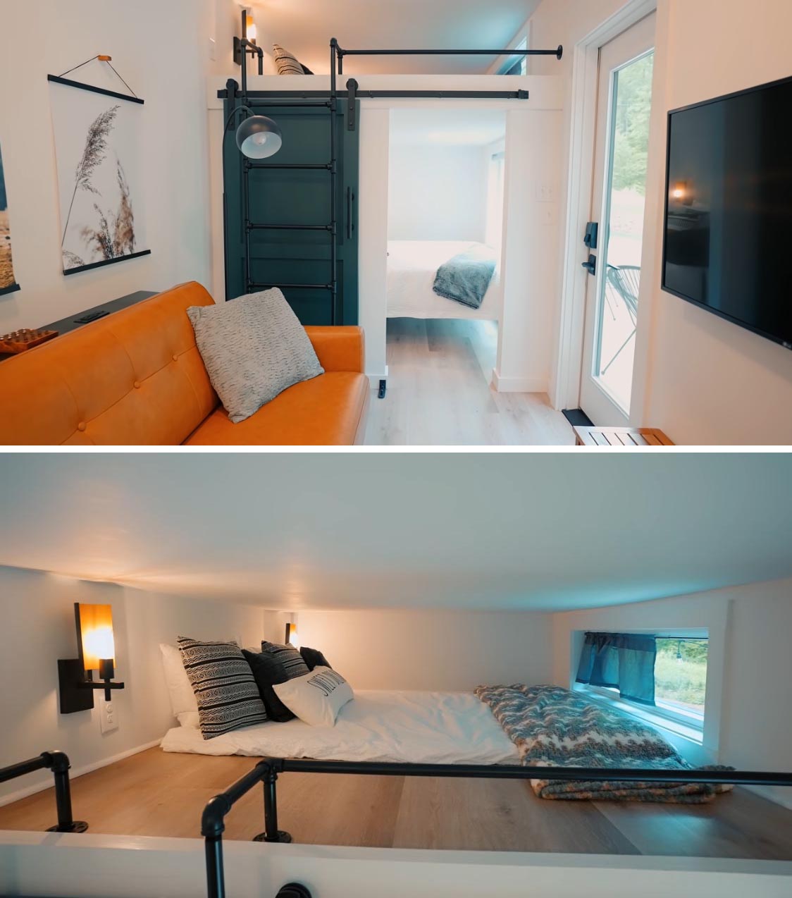 A shipping container home with a small bedroom and secondary lofted sleeping area.
