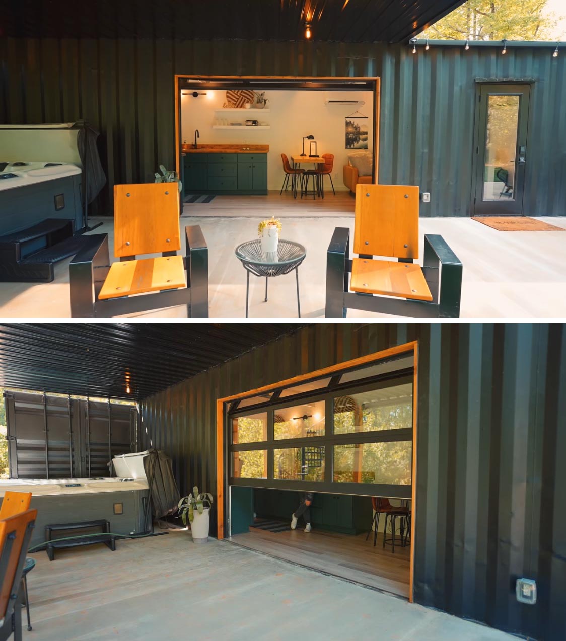 A modern shipping container home with an expansive patio with a hot tub, relaxing seating, and a fire pit area under string lights. A 10 foot working glass garage door opens up the interior to the patio, expanding the living space.