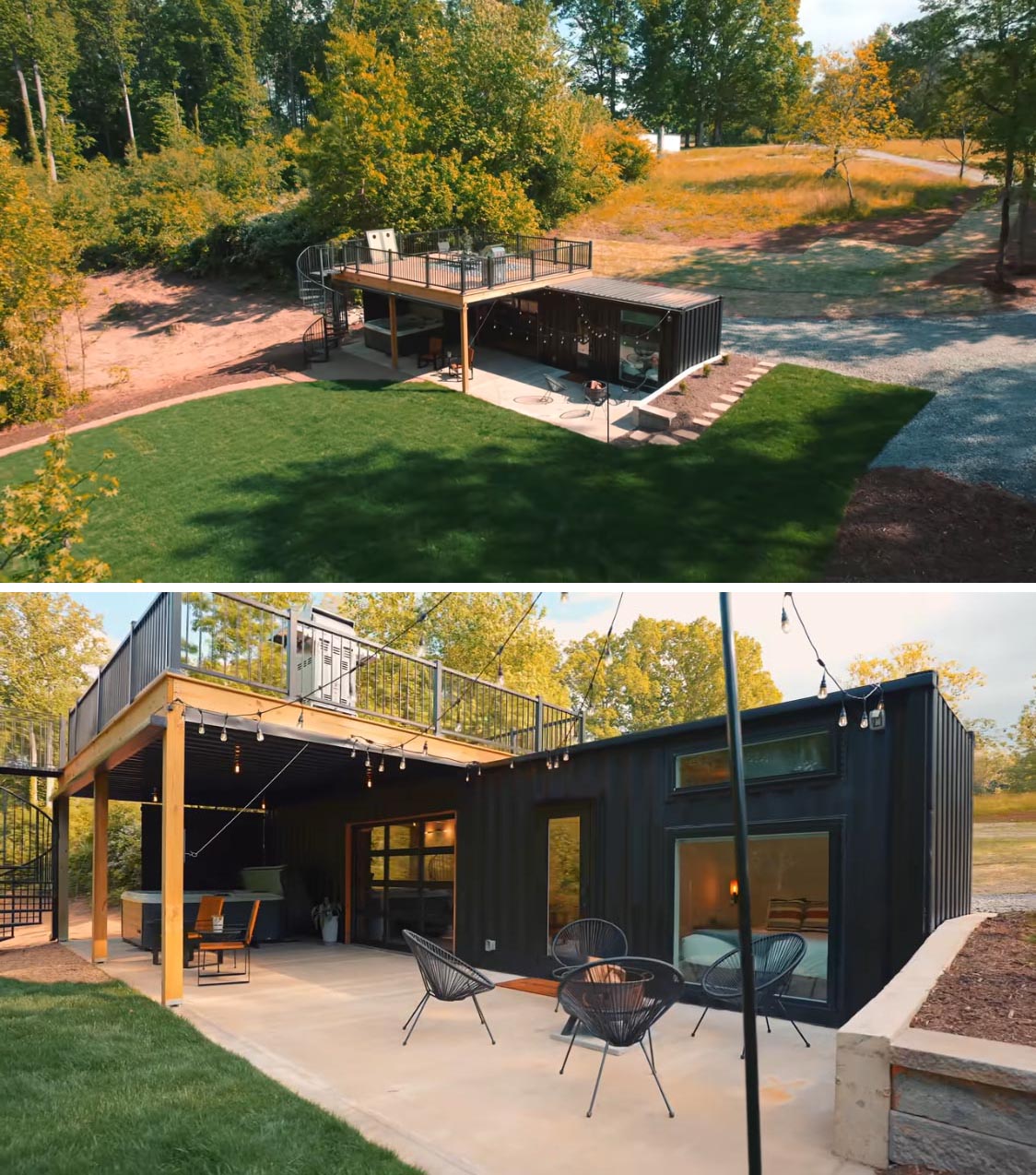 A shipping container tiny home with a black exterior, rooftop deck, outdoor entertaining space, and a modern interior.