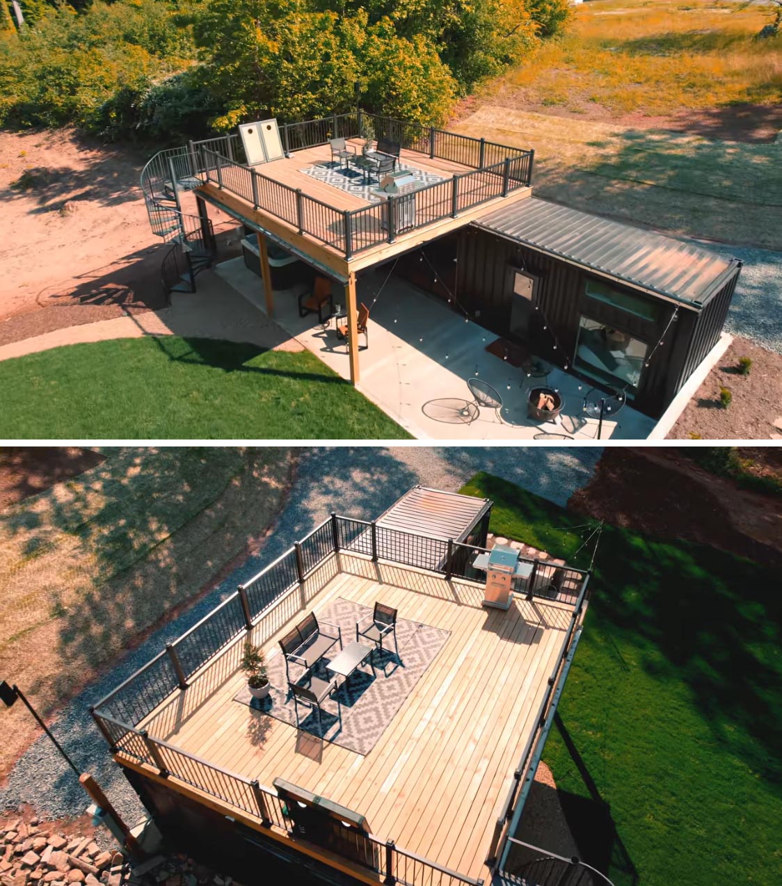 A shipping container tiny home with a black exterior, rooftop deck, outdoor entertaining space, and a modern interior.