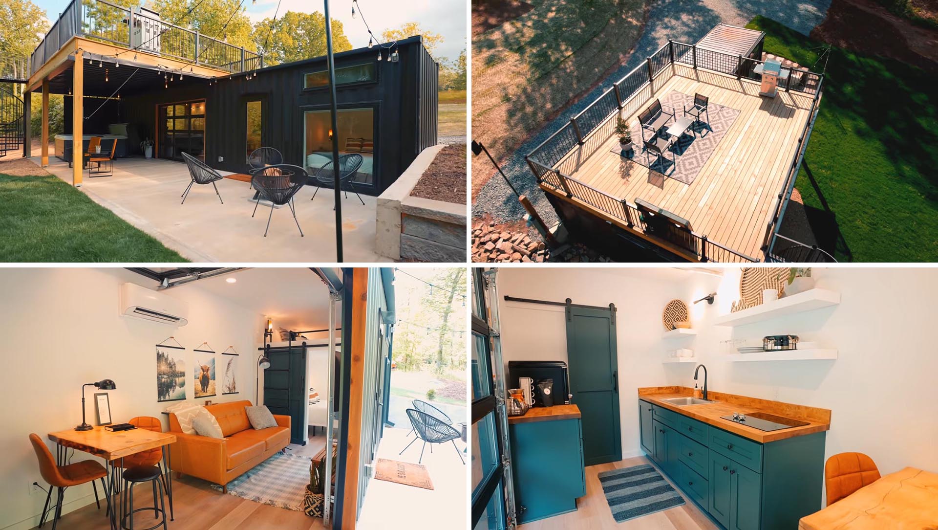 A shipping container tiny home with a black exterior, rooftop deck, outdoor entertaining space, and a modern interior.