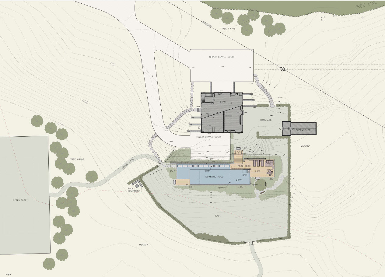 The site plan of a property with three different structures.