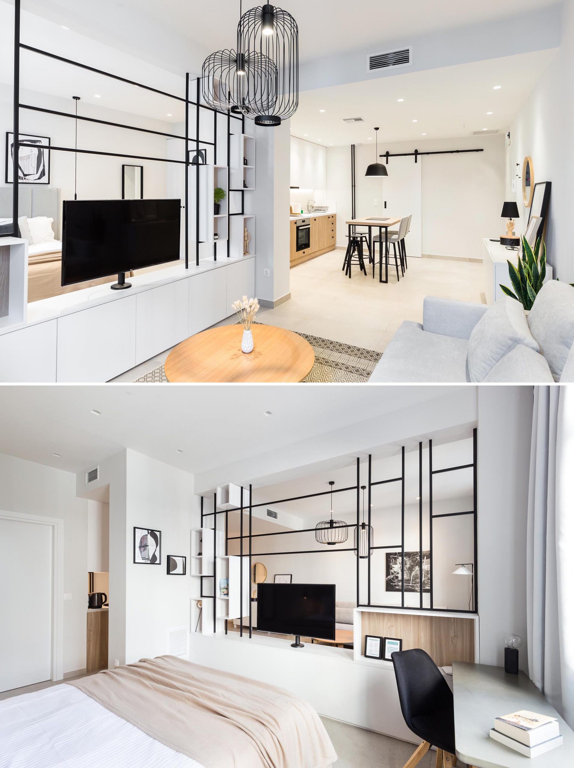 A small apartment with a room divider between the living room and bedroom, that allows the TV to be rotated.