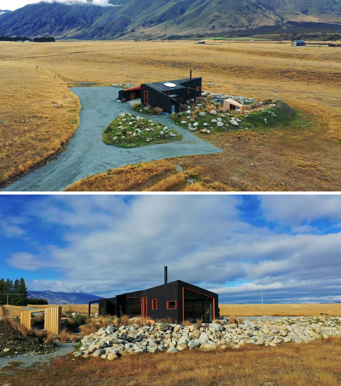 A tiny house with one bedroom, a bathroom, and an open plan living room and kitchen.