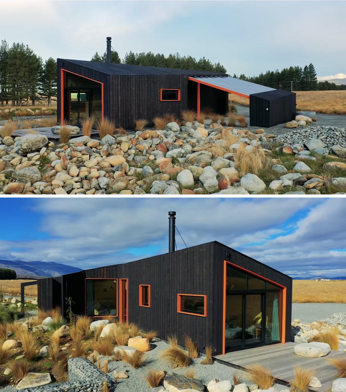 A tiny house with burnt wood siding and contrasting orange window frames.