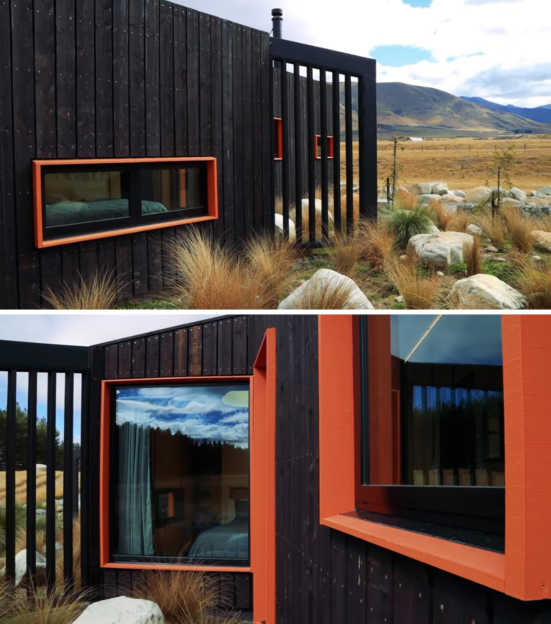 A tiny house with burnt wood siding and contrasting orange window frames.