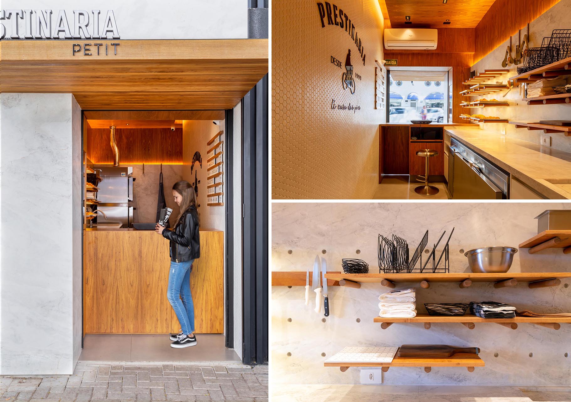 A small bakery makes use of wood dowels with hidden LED lighting to hold up shelving.