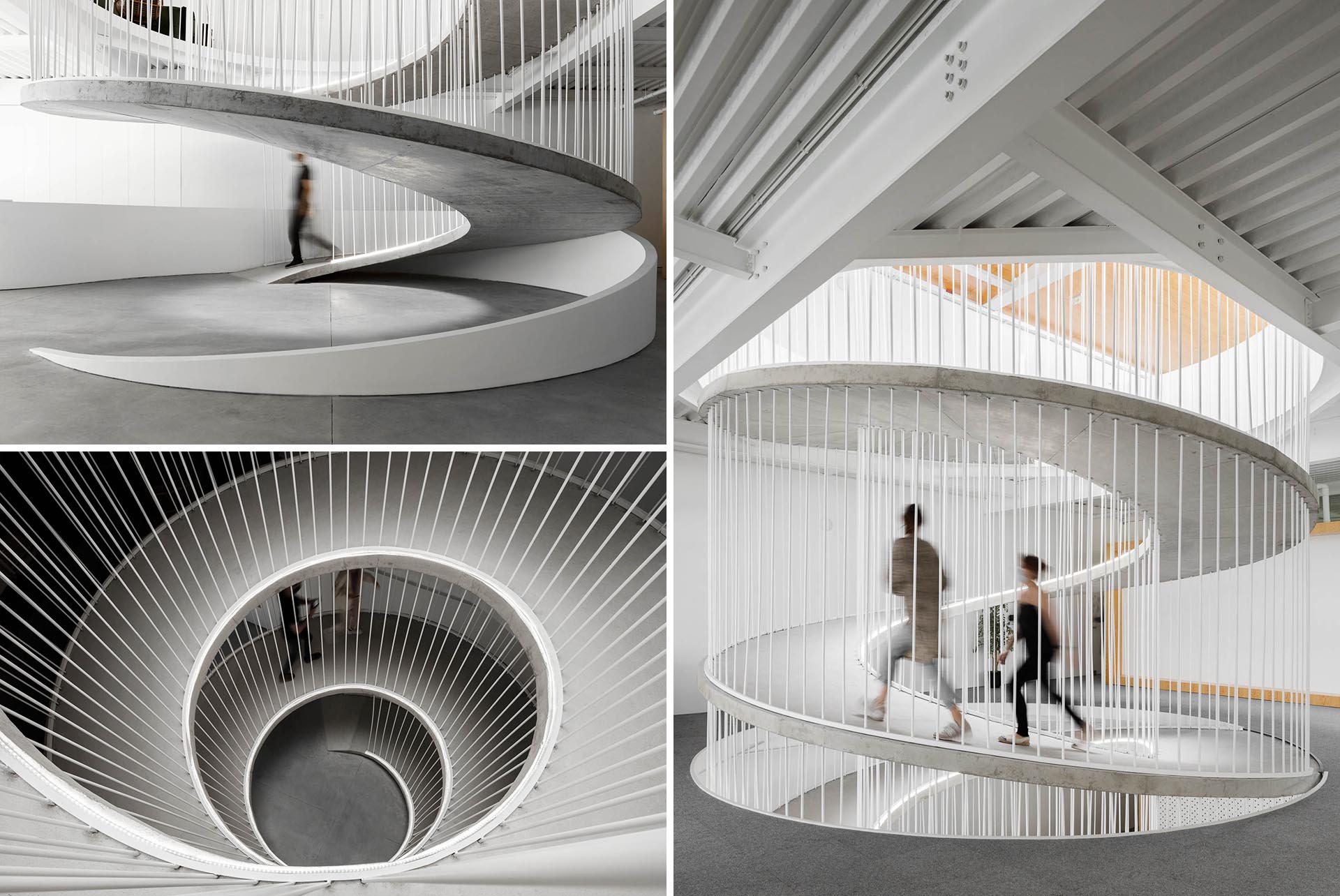 A spiraling ramp replaces the need for stairs in this modern office and adds a sculptural element.